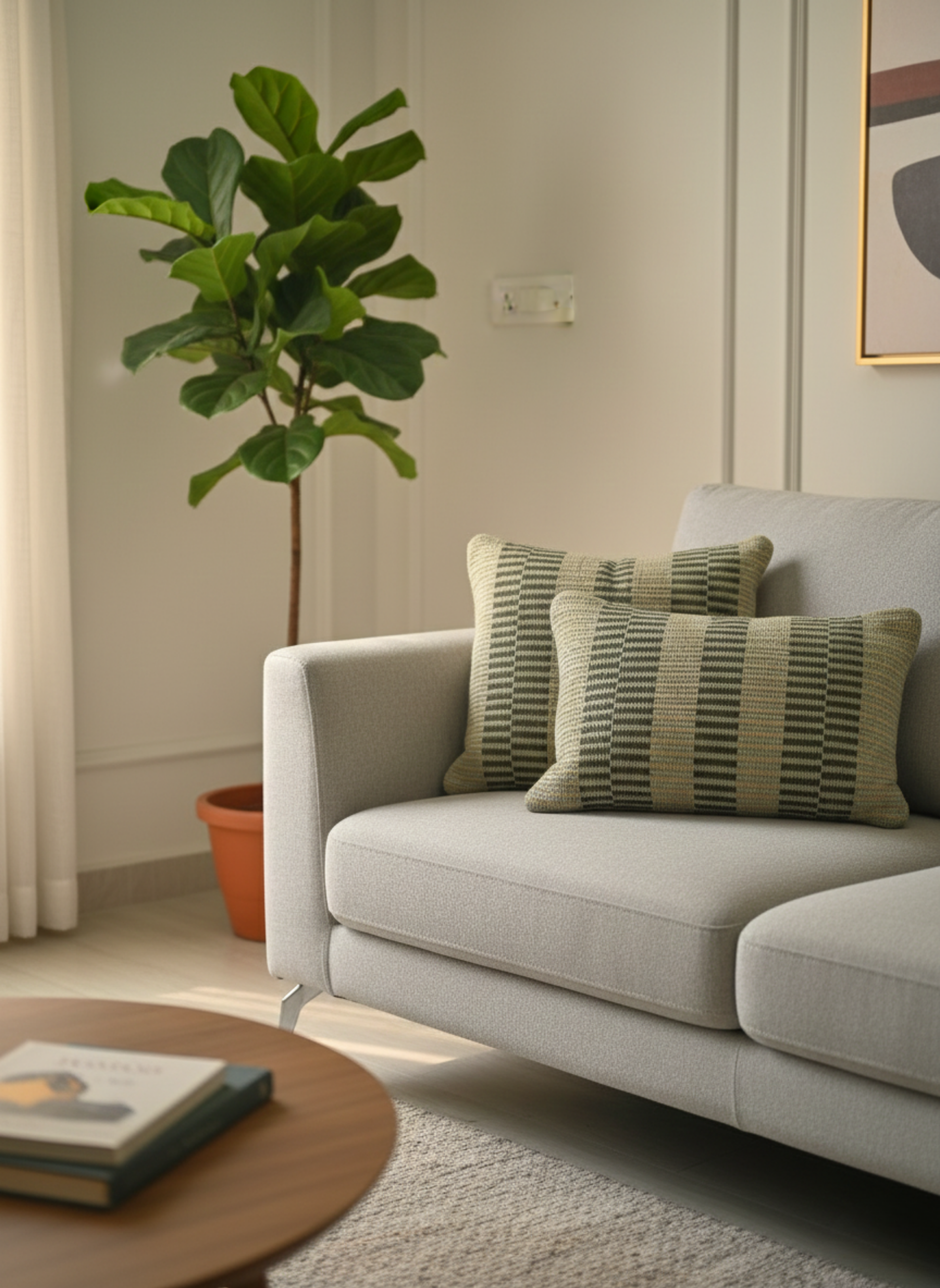 Olive Green Textured Striped Cushion Cover