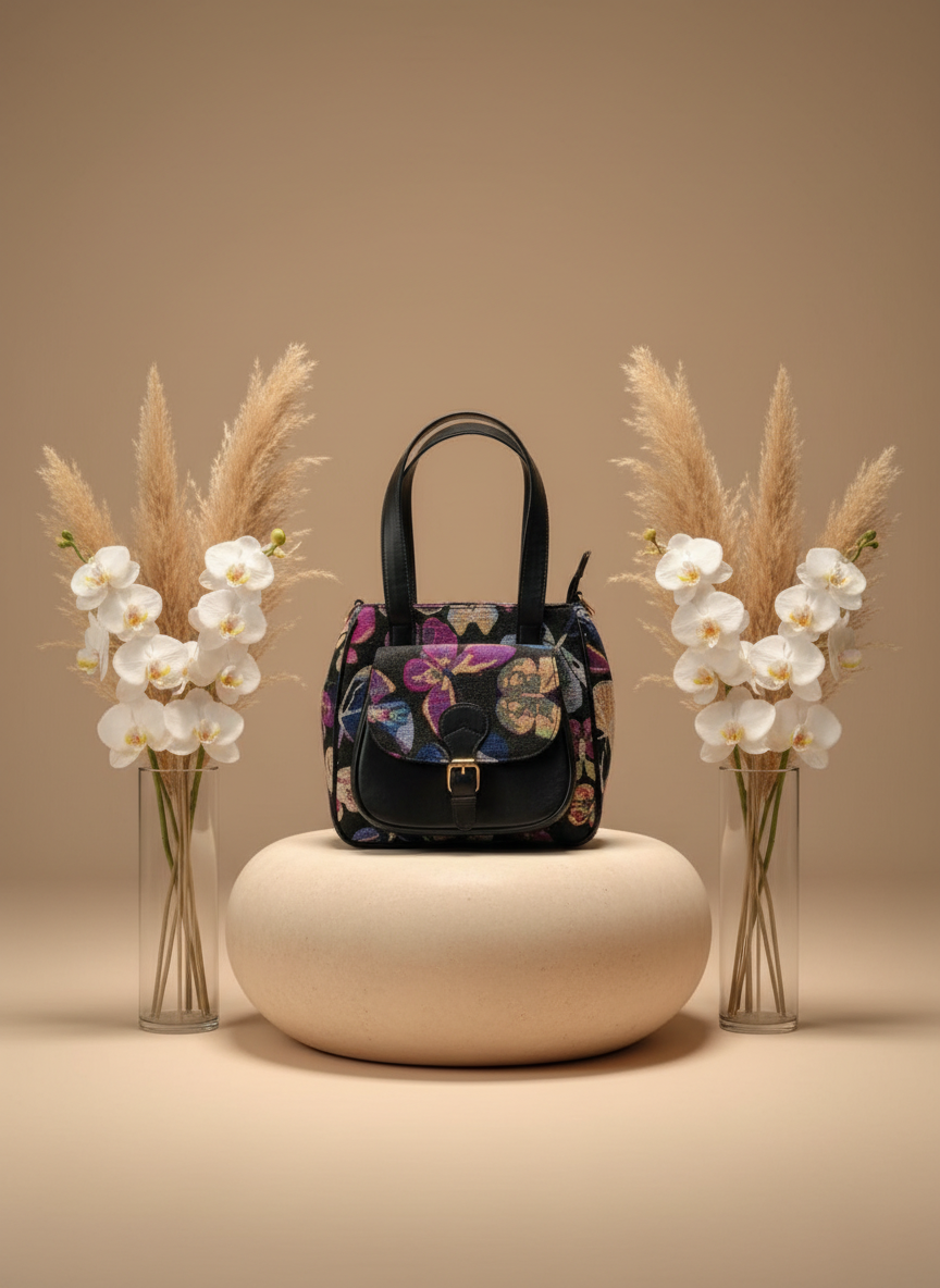 Black Butterfly Print Handbag