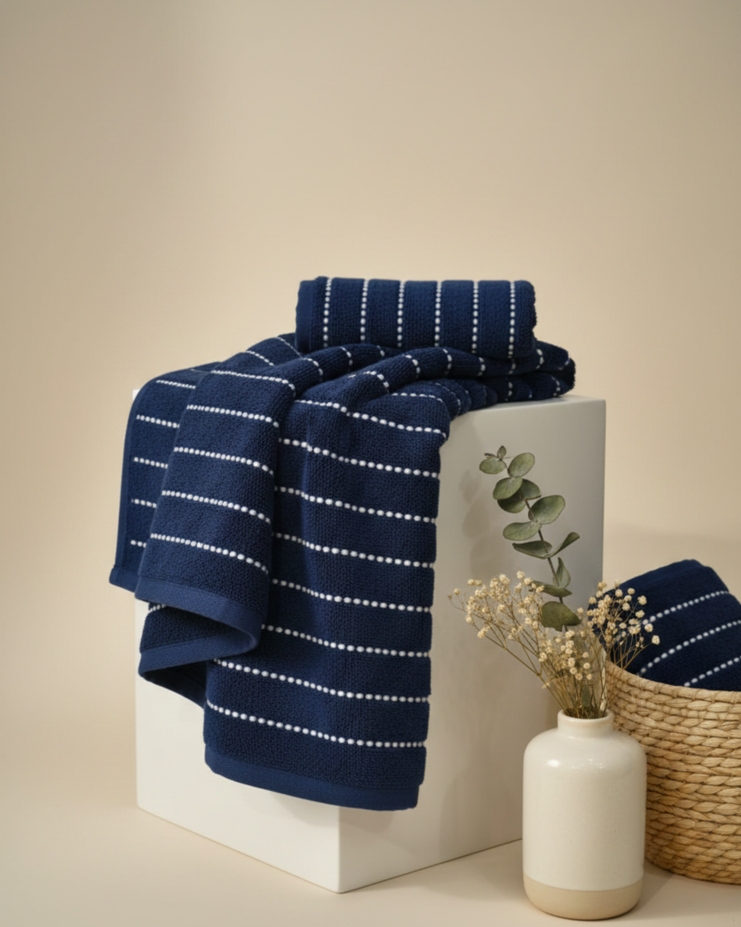 Navy Dot Stripe Premium Cotton Hand Towel