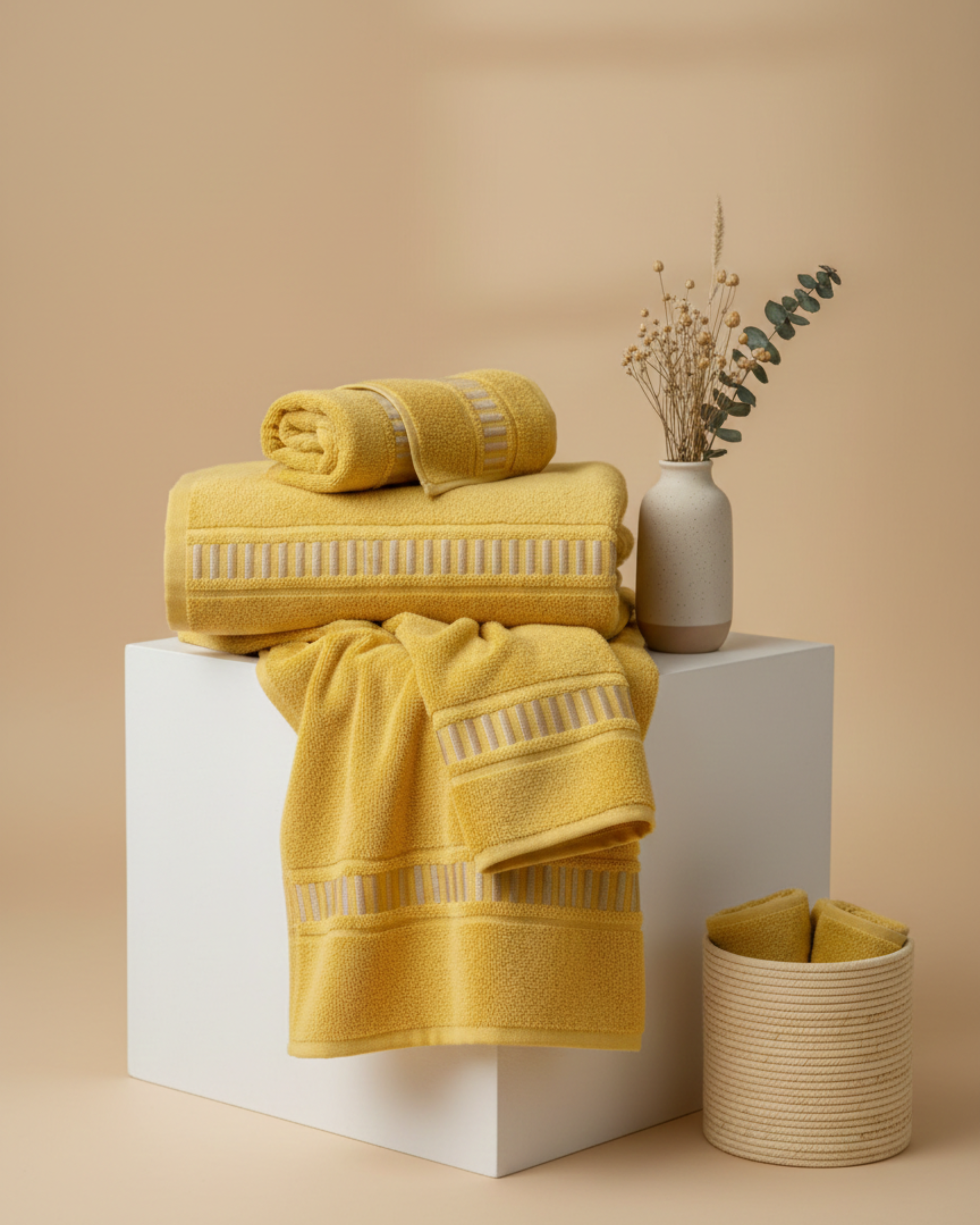 Premium Soft Cotton Hand & Bath Towel Set – Mustard Yellow Textured Design