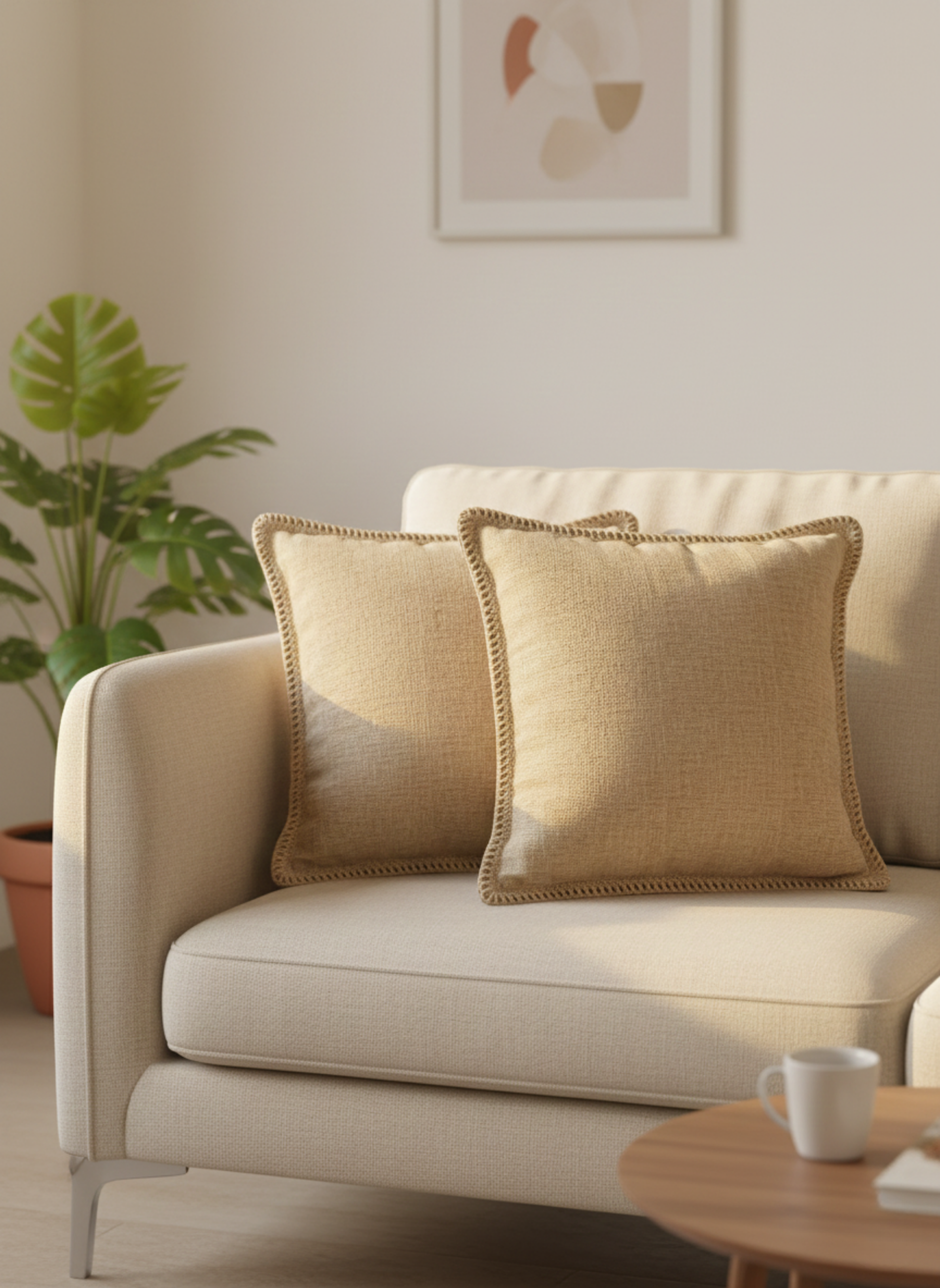 Rustic Beige Textured Cushion Cover with Braided Border