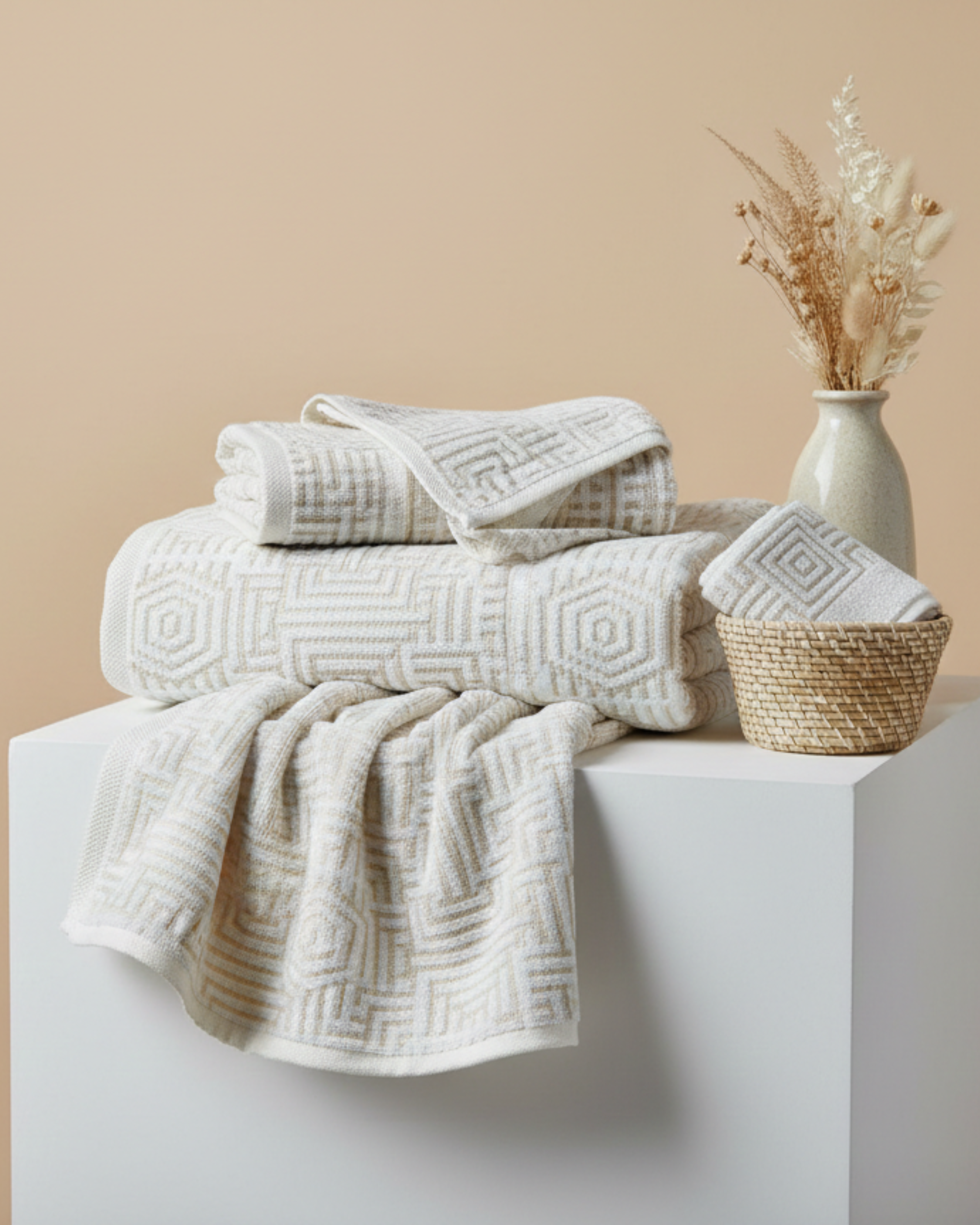 Premium Soft Cotton Hand & Bath Towel Set – Beige Geometric Design