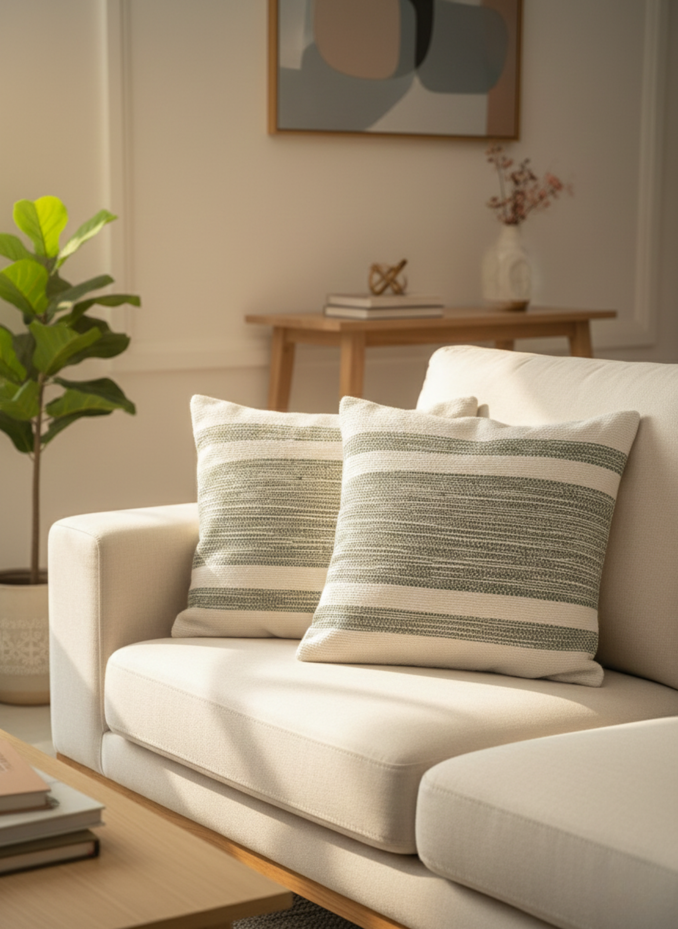 Sage Green & Off-White Textured Wide Striped Cushion Cover