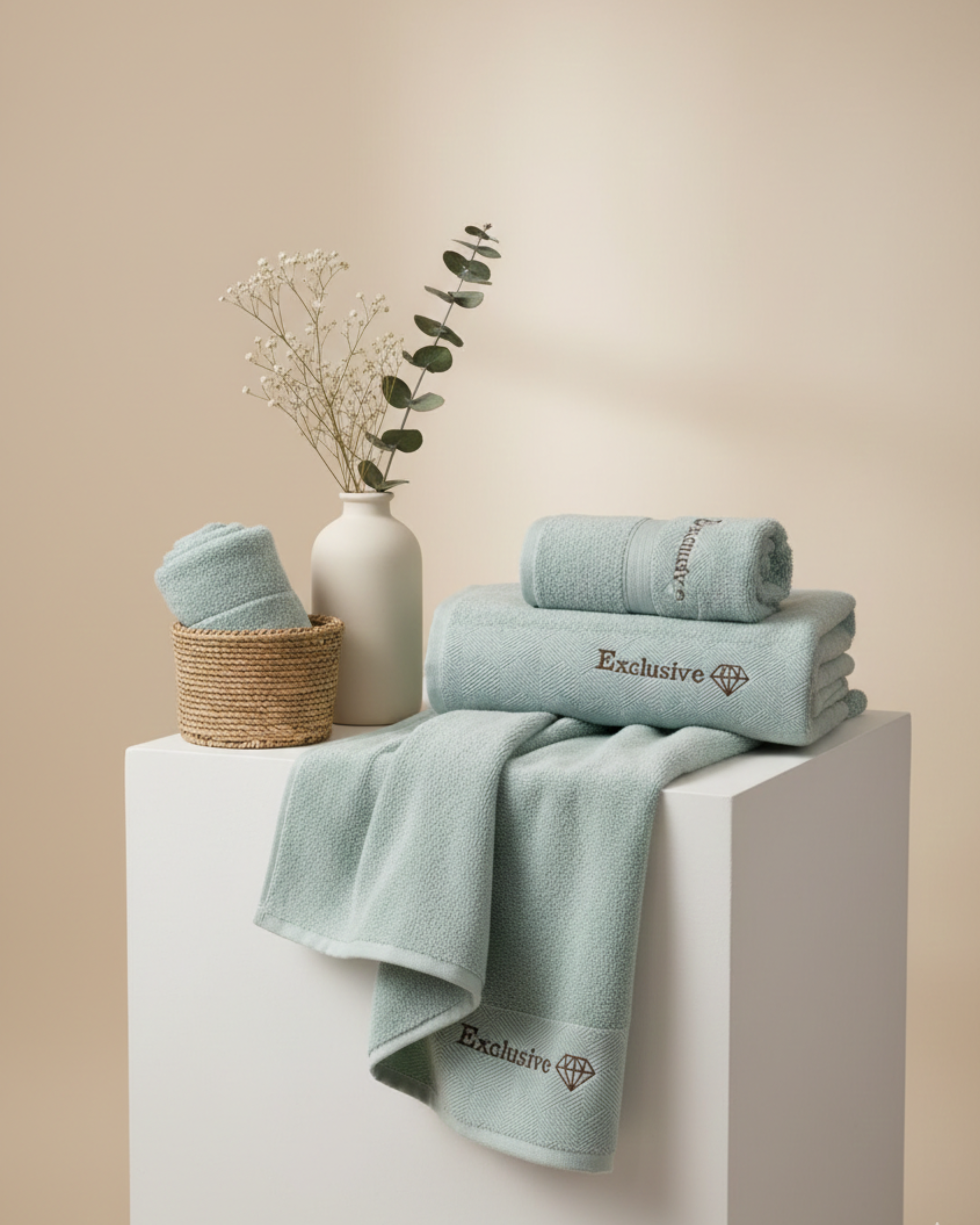 Premium Soft Cotton Hand & Bath Towel Set – Sage Green Textured Design
