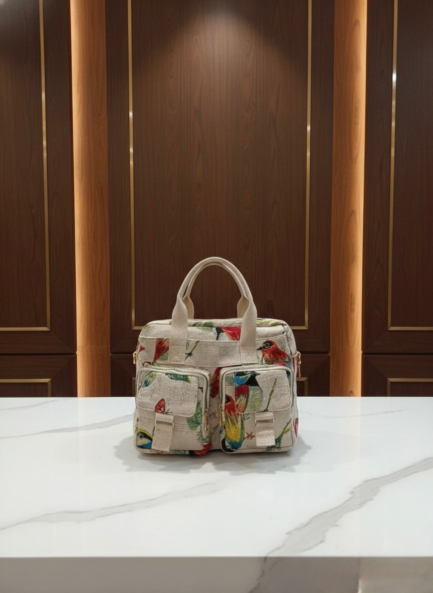Beige Multicolour Bird Print Handbag