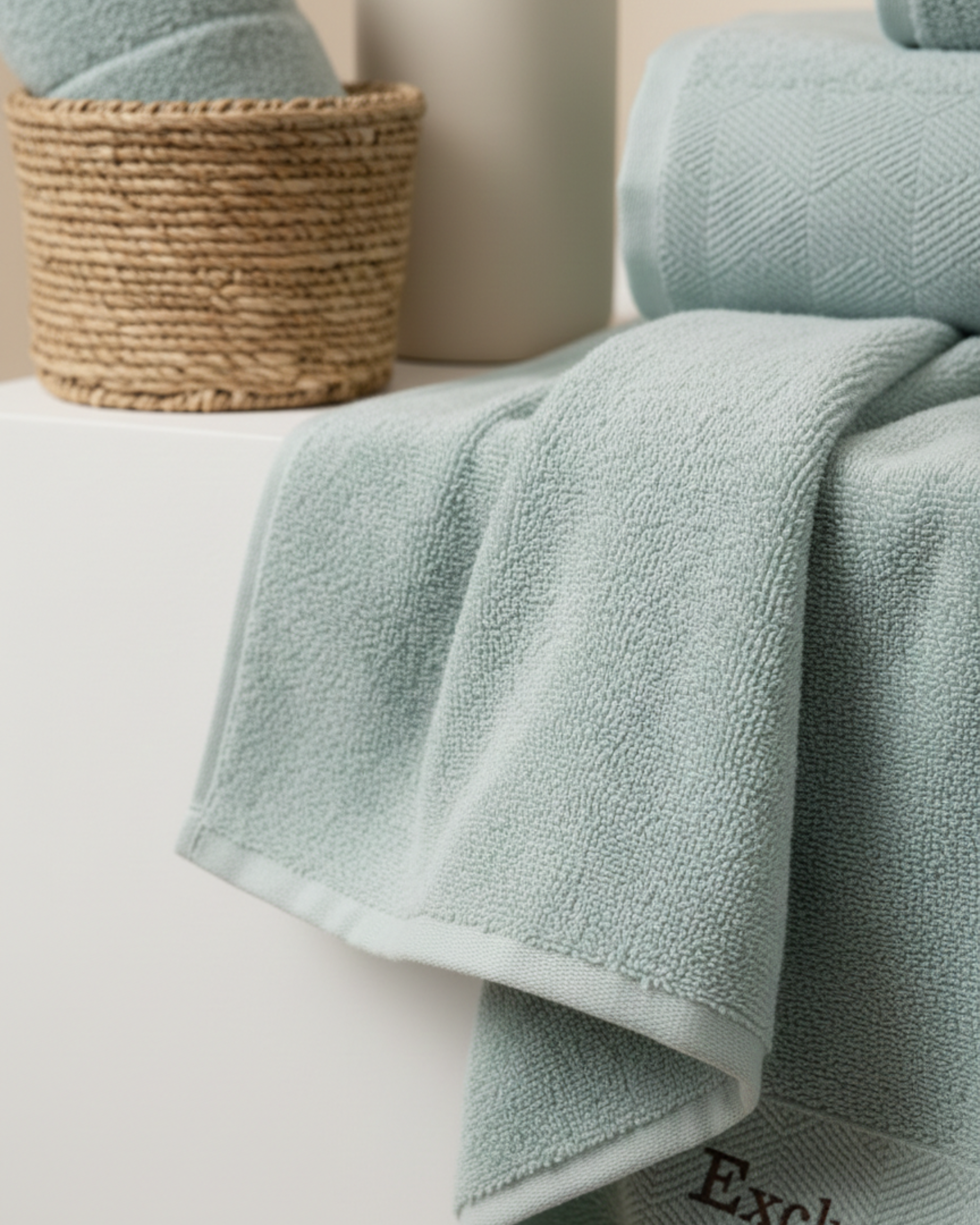 Premium Soft Cotton Hand & Bath Towel Set – Sage Green Textured Design
