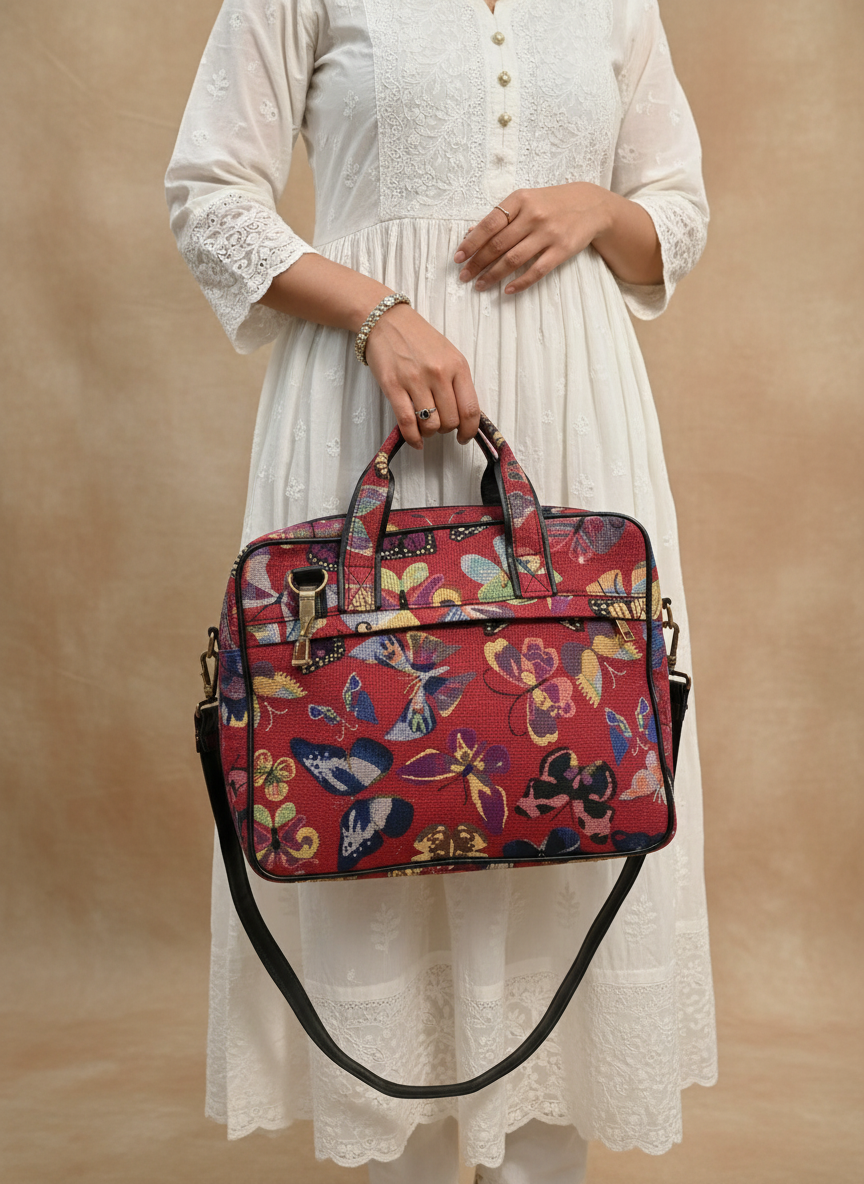 Ruby Red Multicolor Floral Print Handbag