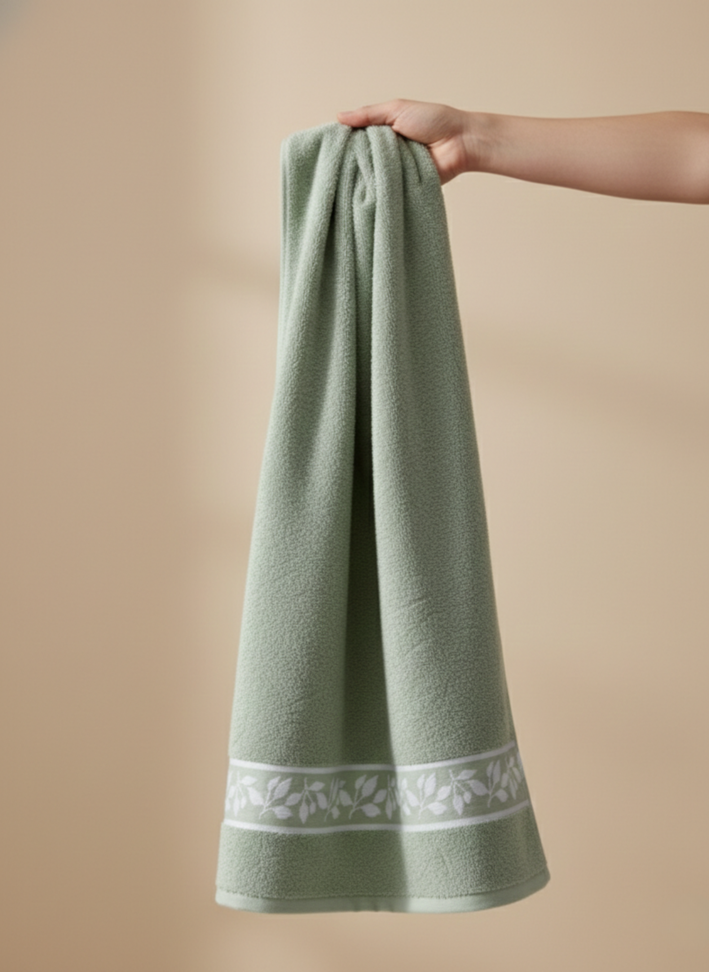 Premium Soft Cotton Hand & Bath Towel Set – Sage Green Leaf Design