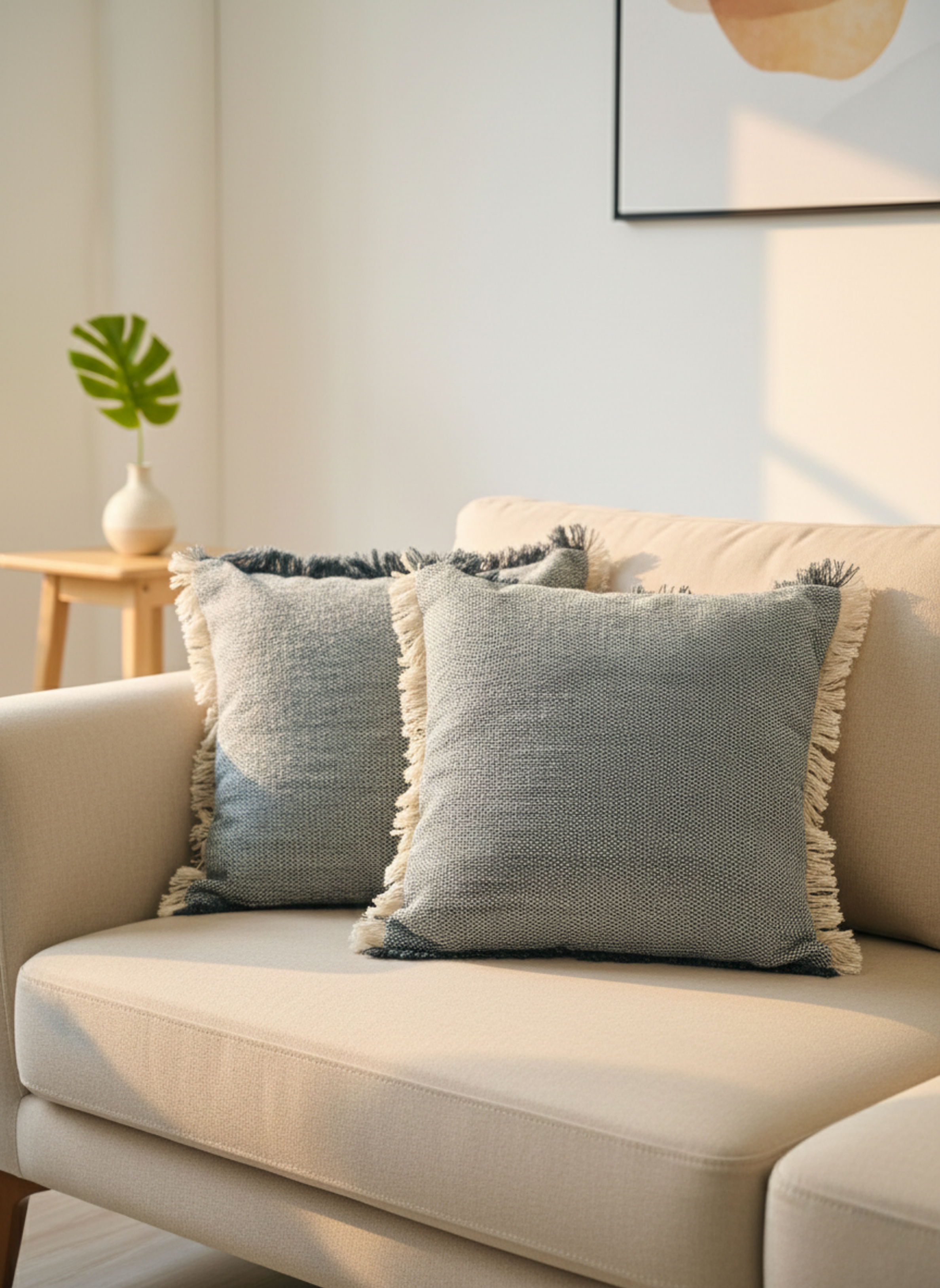 Beige-Blue Textured Cushion Cover with Fringe Border