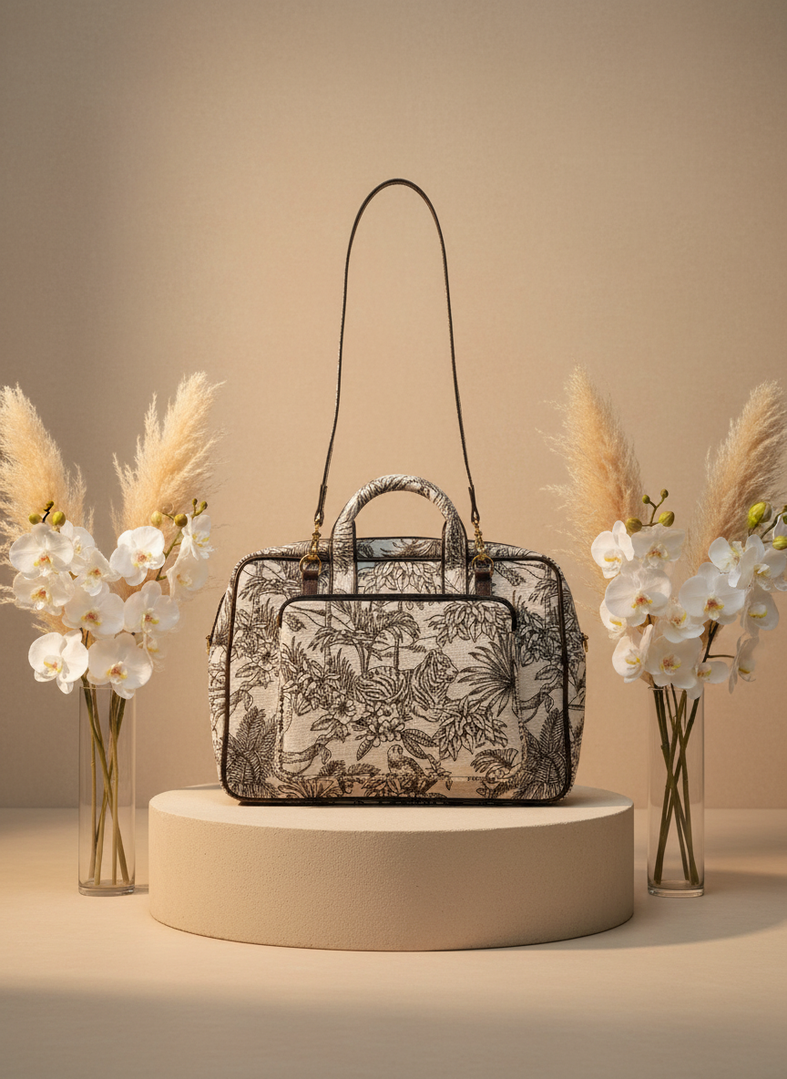 Ivory & Black Botanical Print Handbag
