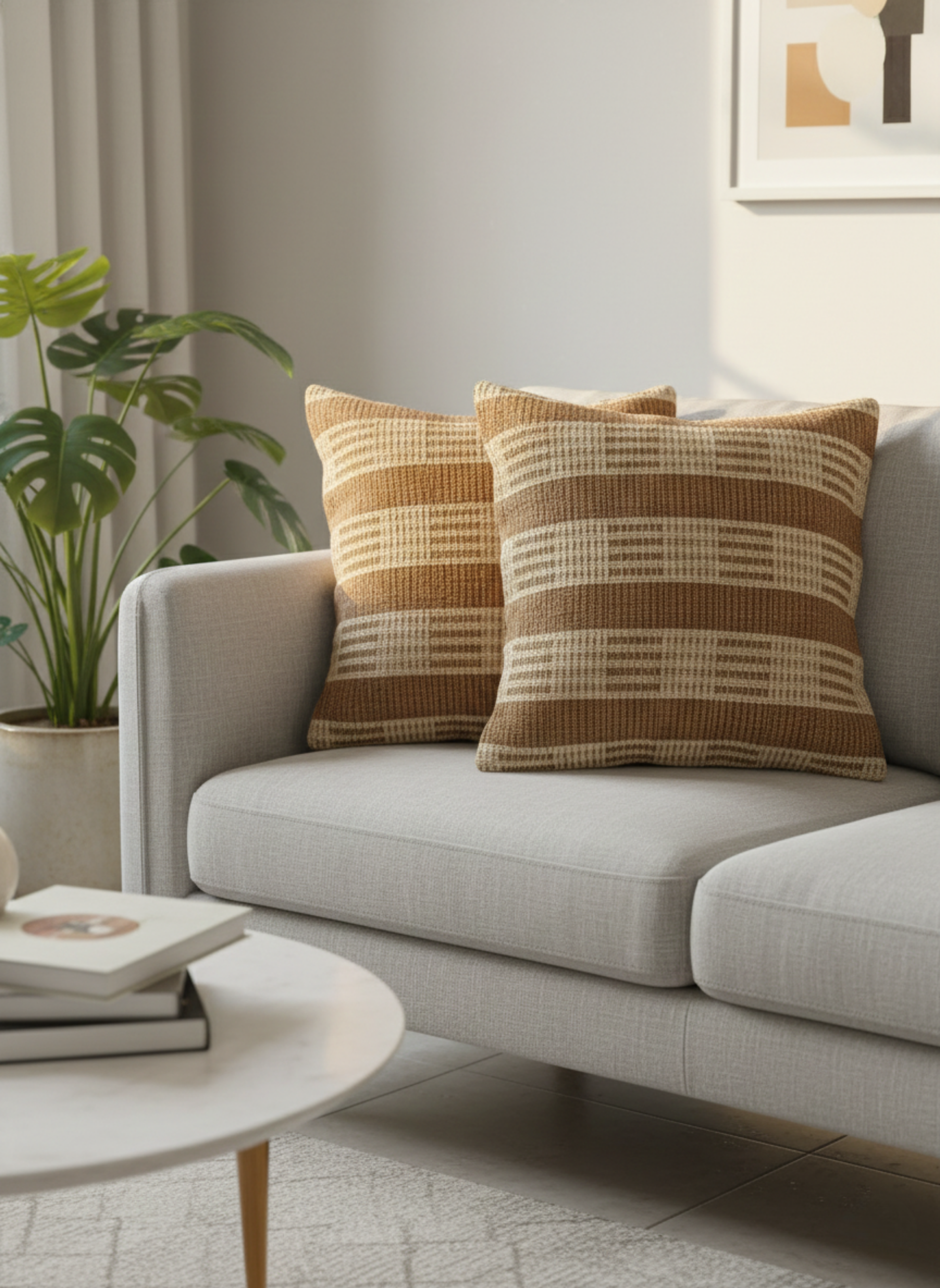 Brown and Cream Block Pattern Cushion Cover