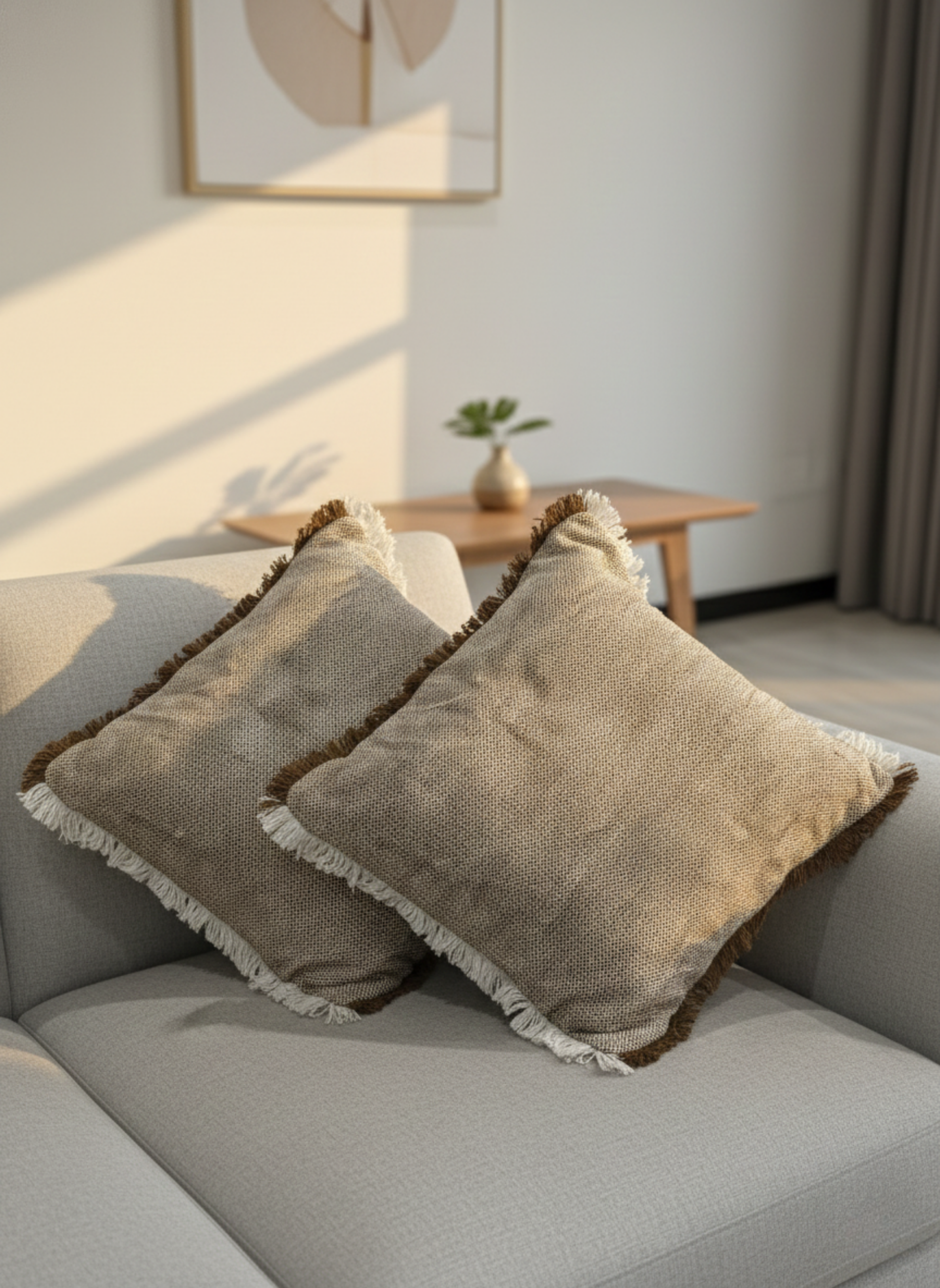 Beige Cushion Cover with Dual-Tone Fringe Borders