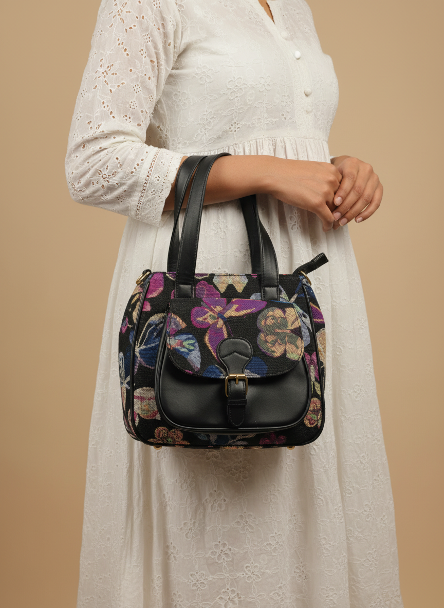 Black Butterfly Print Handbag