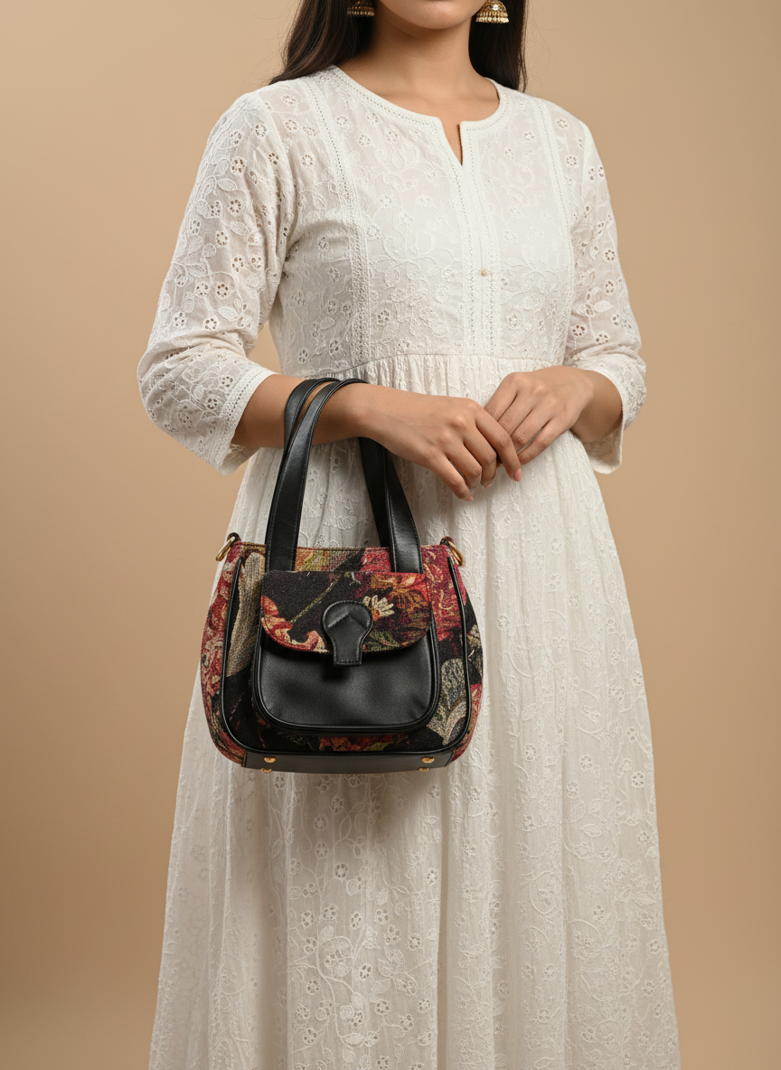Black Floral Embroidered Handbag