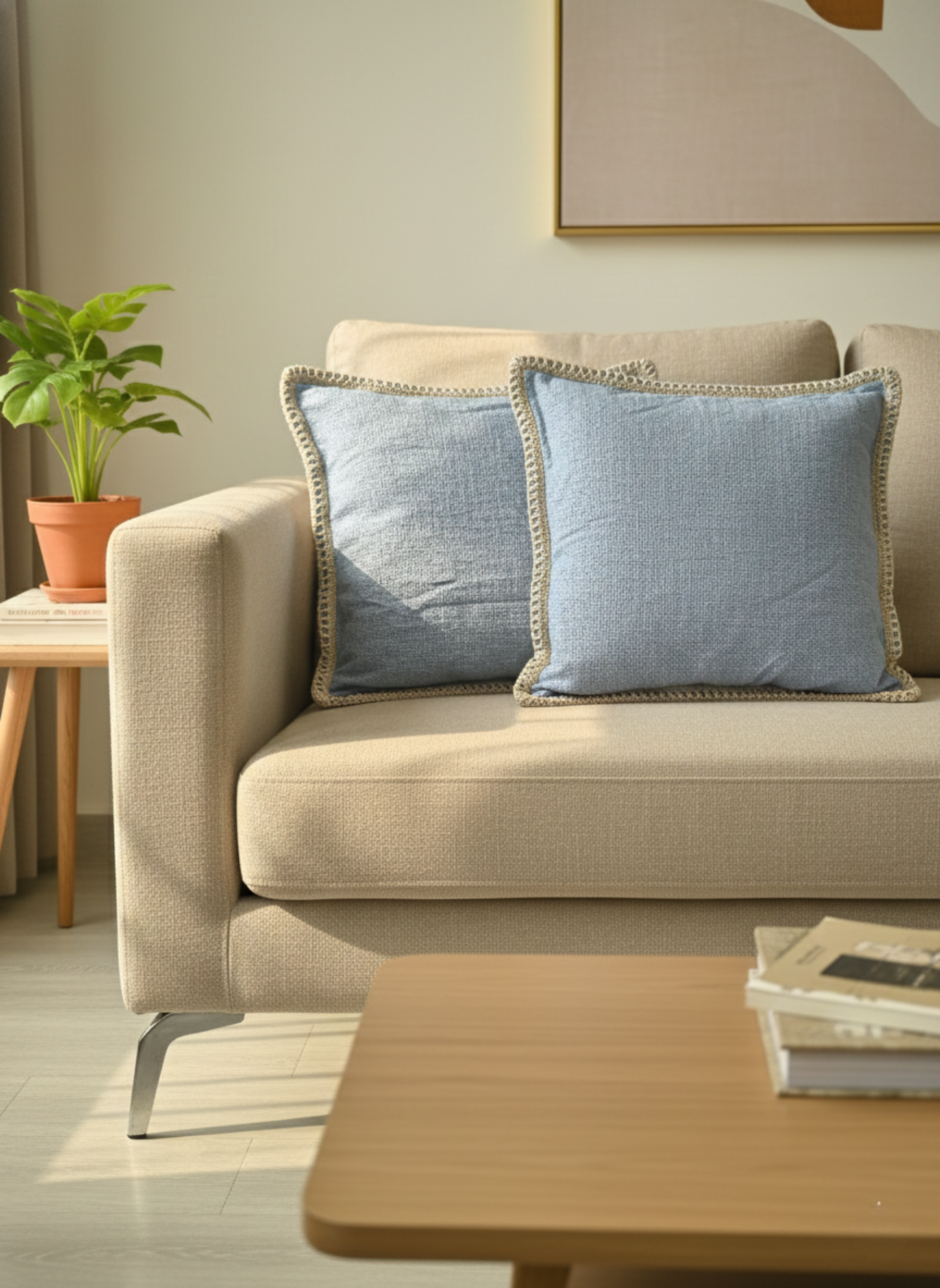 Sky Blue Textured Cushion Cover with Crochet Border