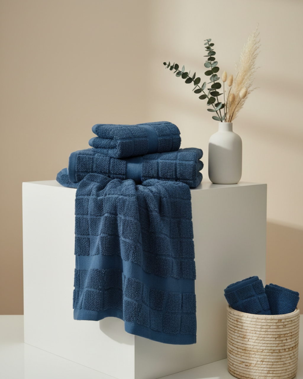Deep Blue Grid Cotton Hand Towel