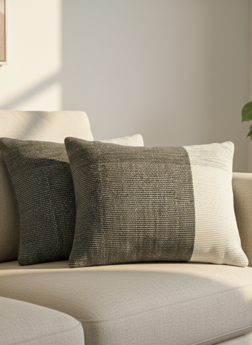 Charcoal Gray & Cream Dual-Block Cushion Cover