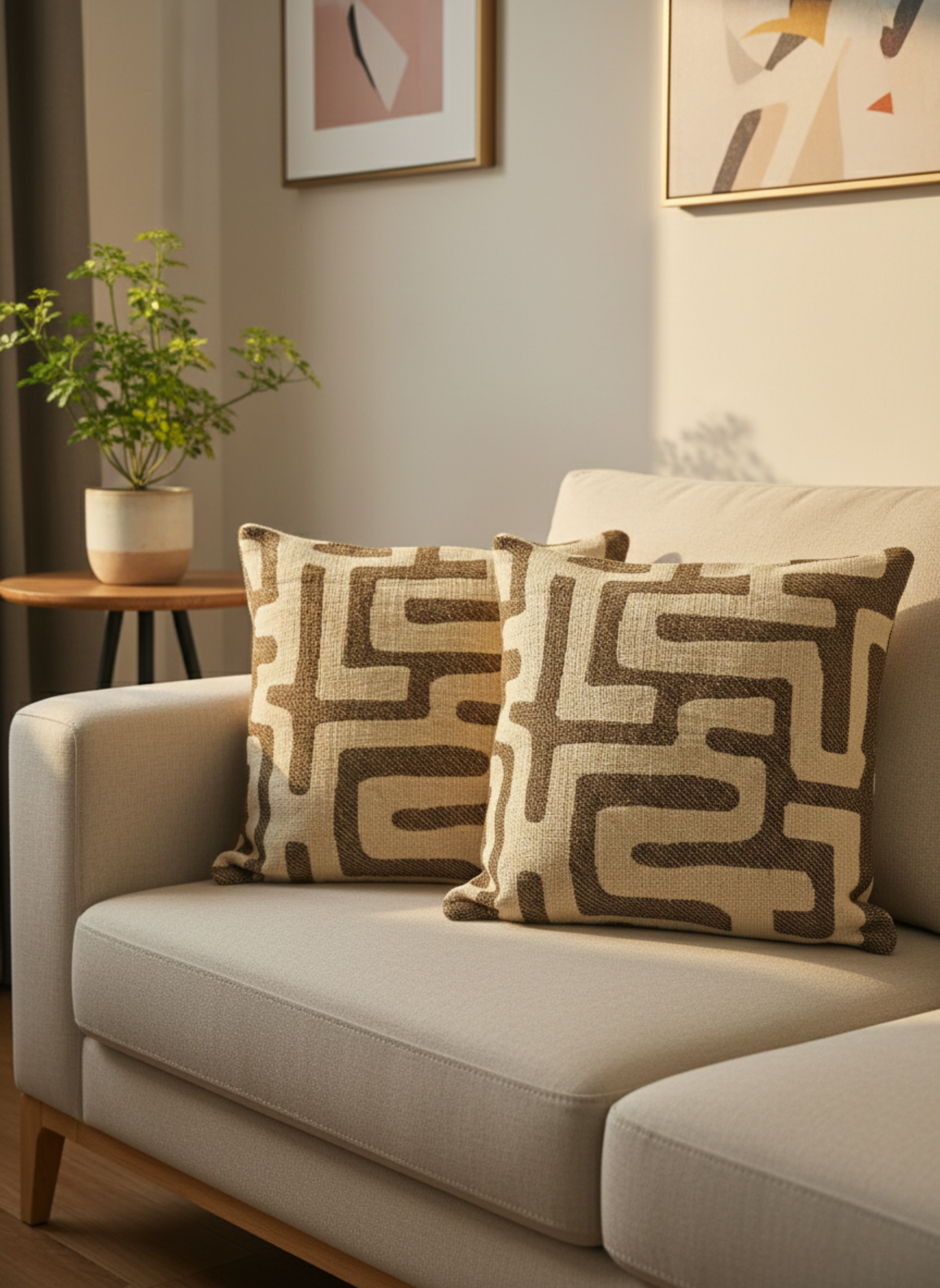 Modern Geometric Cotton Jacquard Cushion Cover – Neutral Beige & Brown