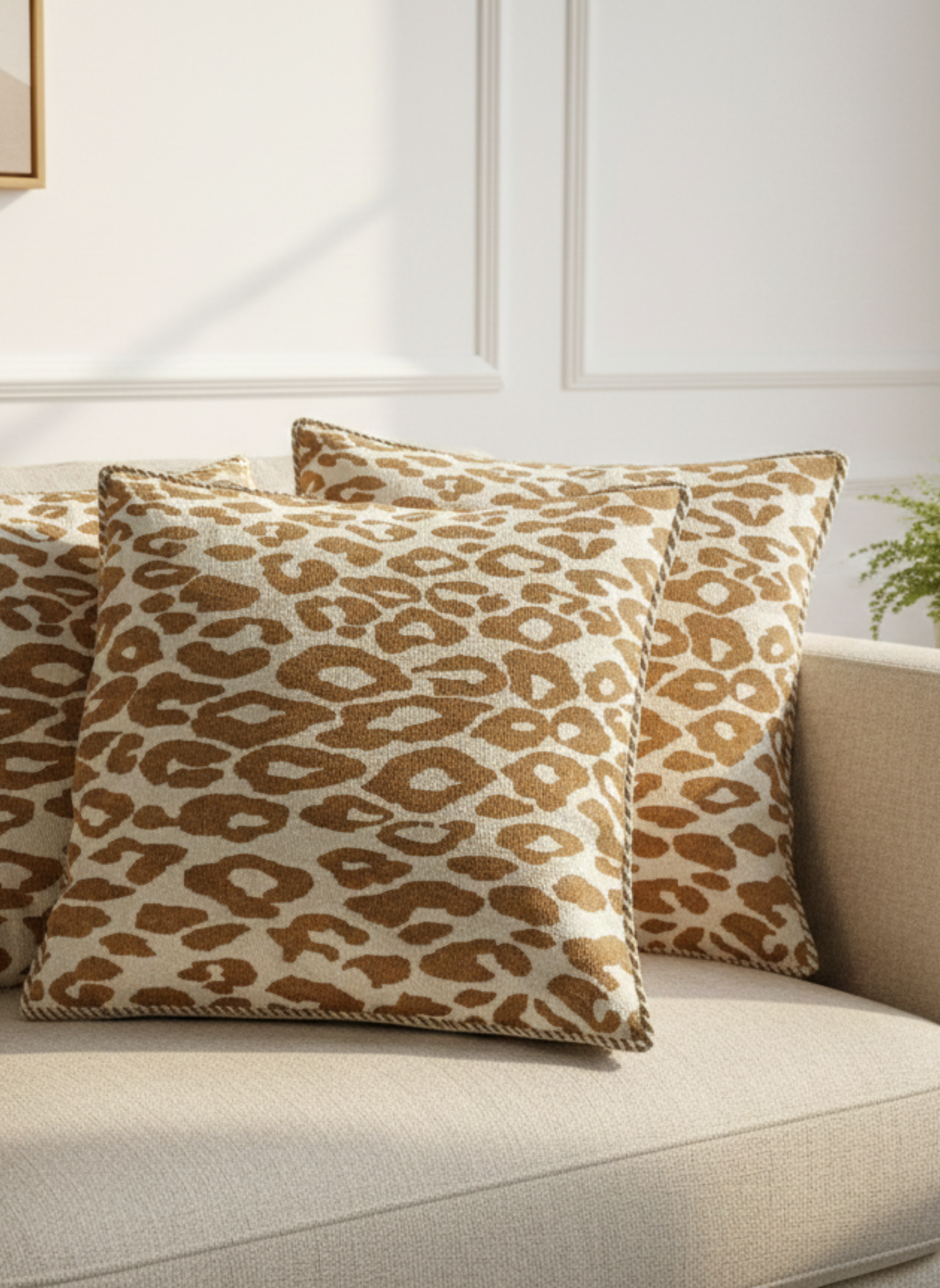 Leopard Print Woven Cushion Cover with Braided Border