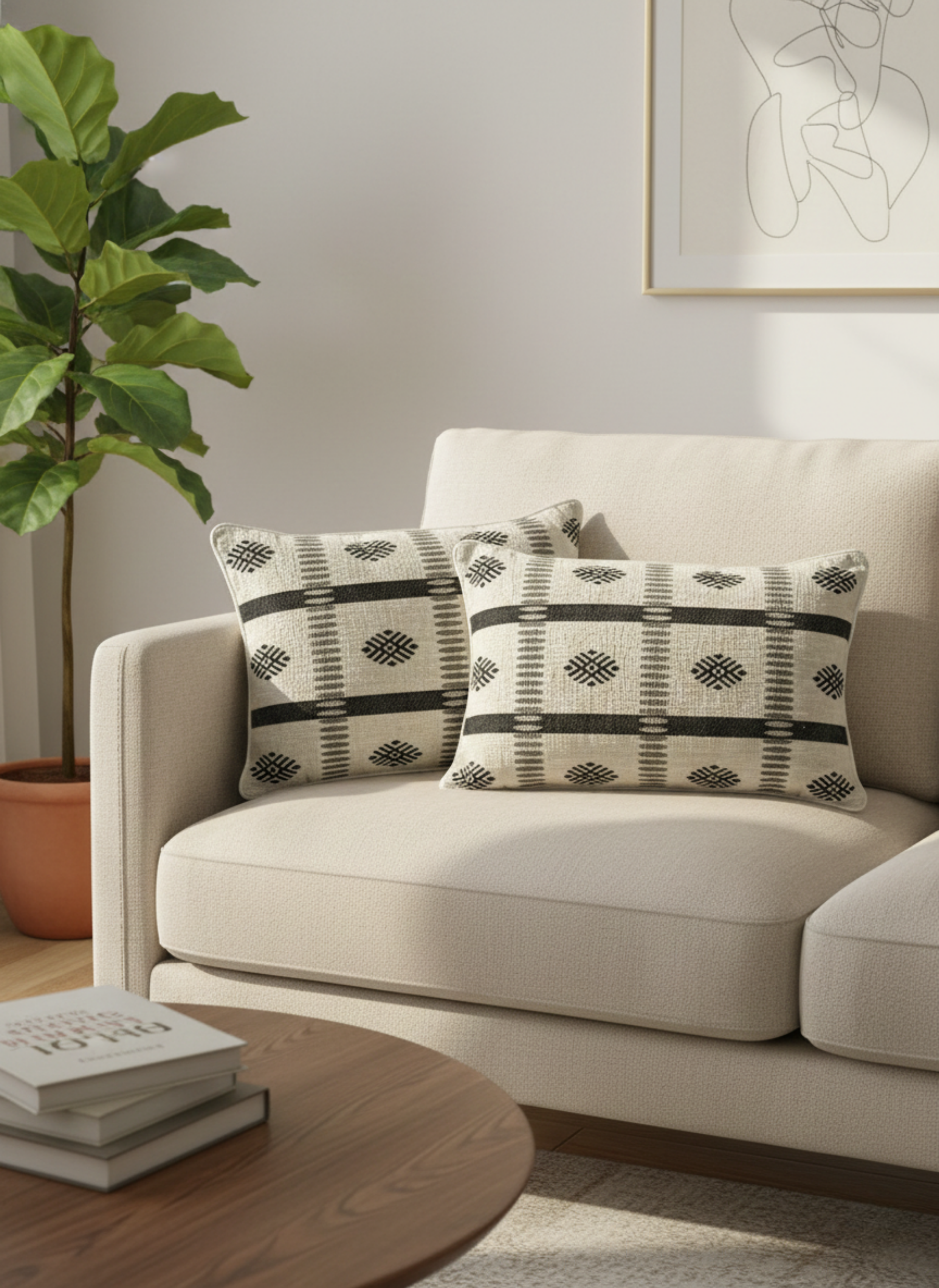 Modern Jacquard Cotton Cushion Cover Set – Beige & Black Geometric Design