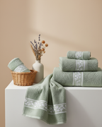 Premium Soft Cotton Hand & Bath Towel Set – Sage Green Leaf Design