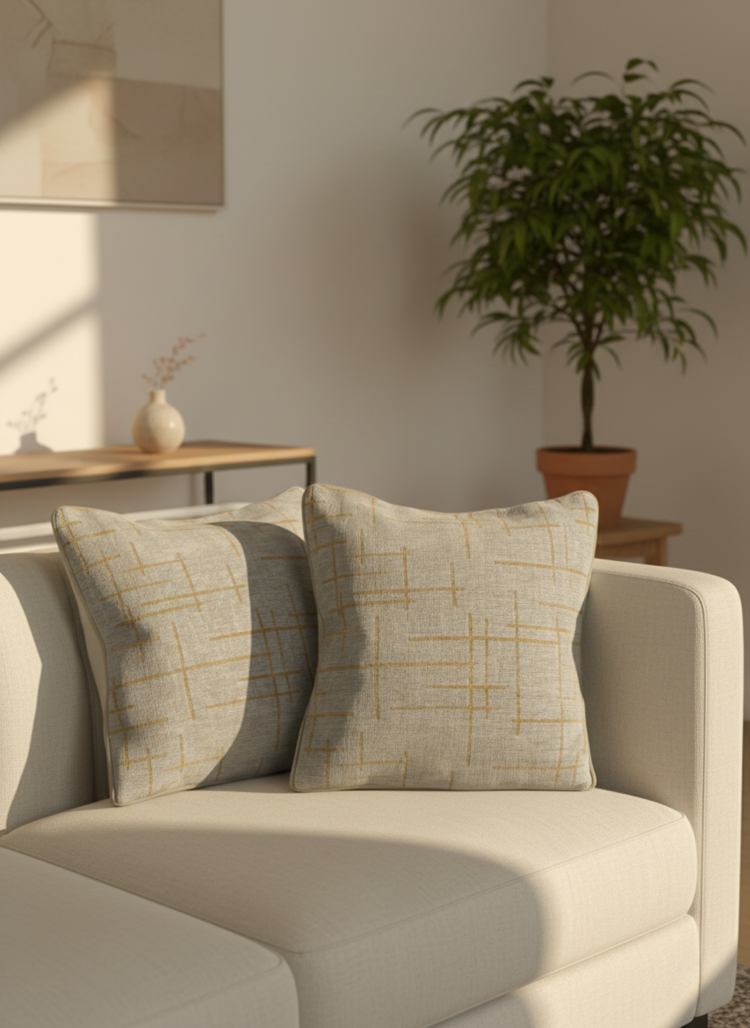 Grey Linen-Textured Cushion Cover with Golden Grid Lines