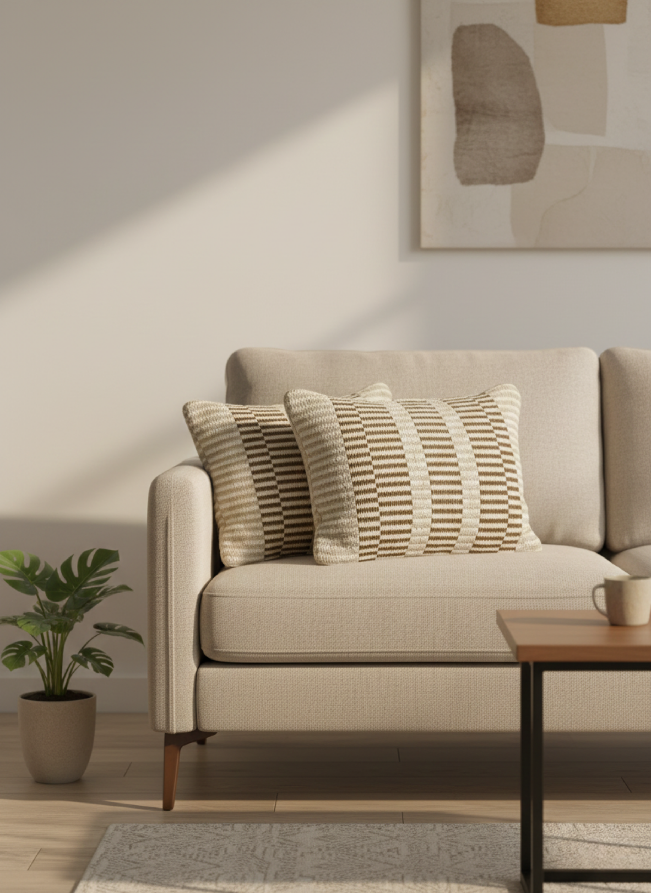 Beige & Brown Fine-Check Striped Cushion Cover