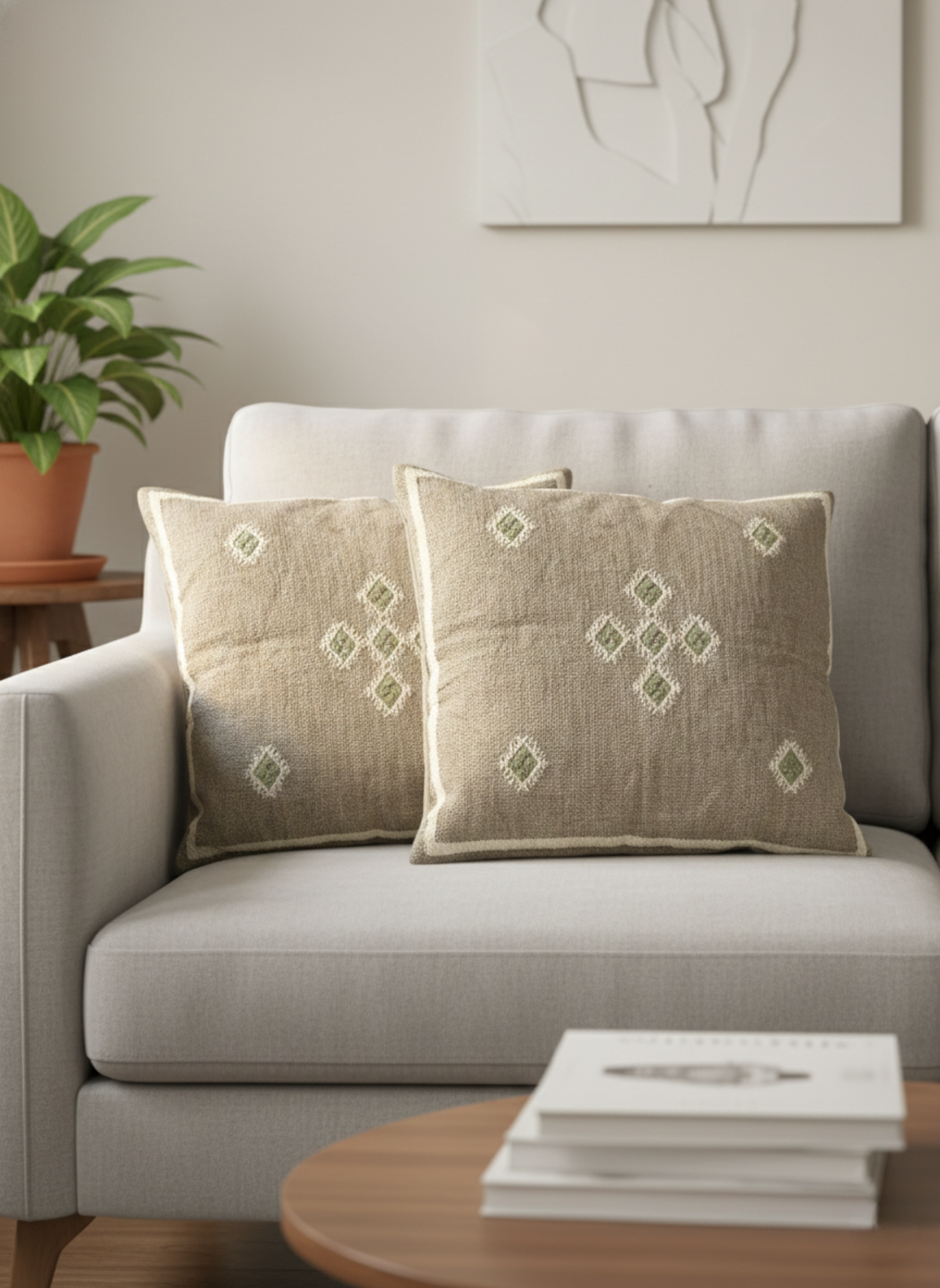 Natural Beige Cushion Cover with Embroidered Green Diamonds