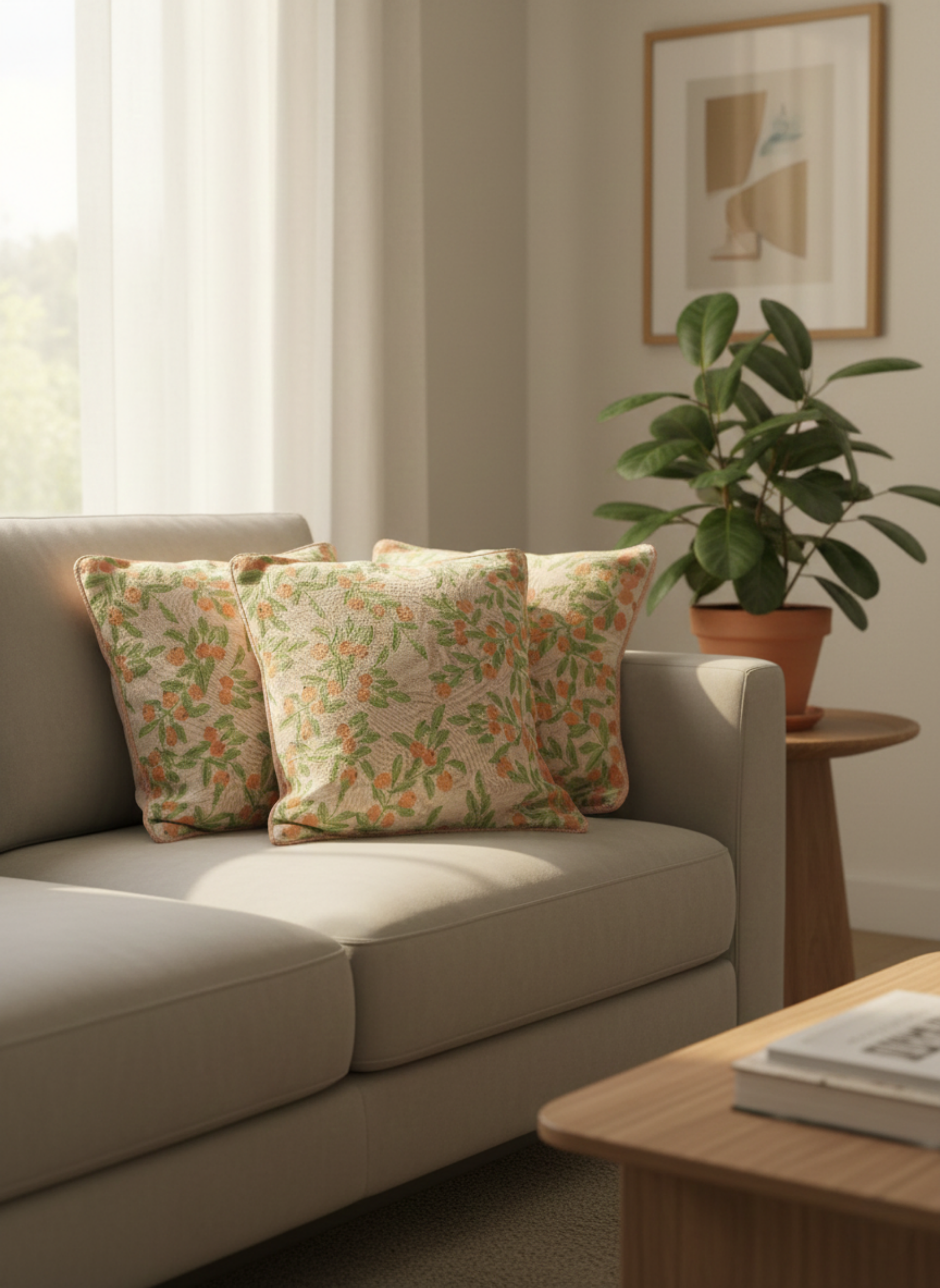 Peach & Green Floral Cushion Cover