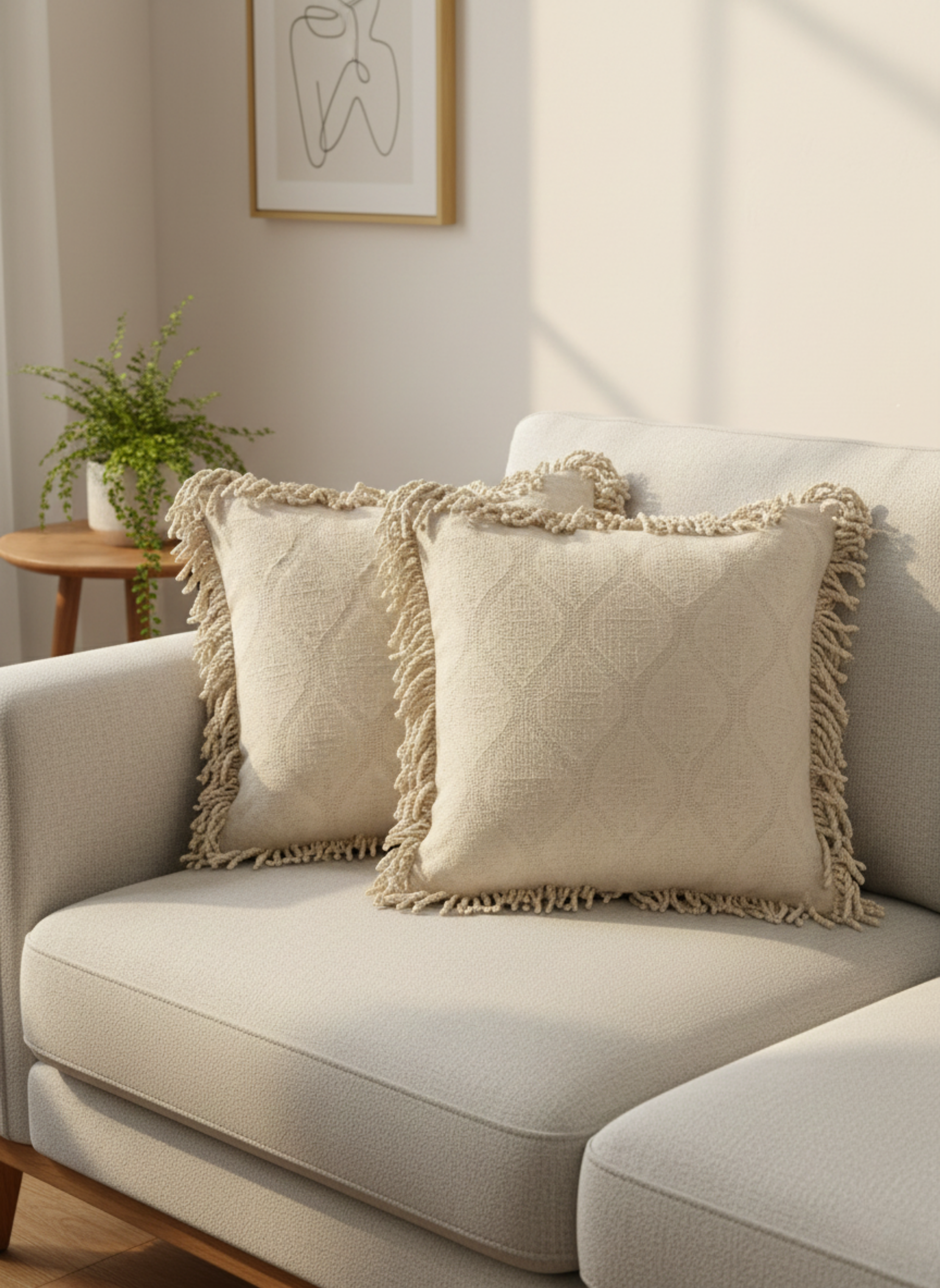 Cream Diamond-Textured Cushion Cover with Loop Fringes