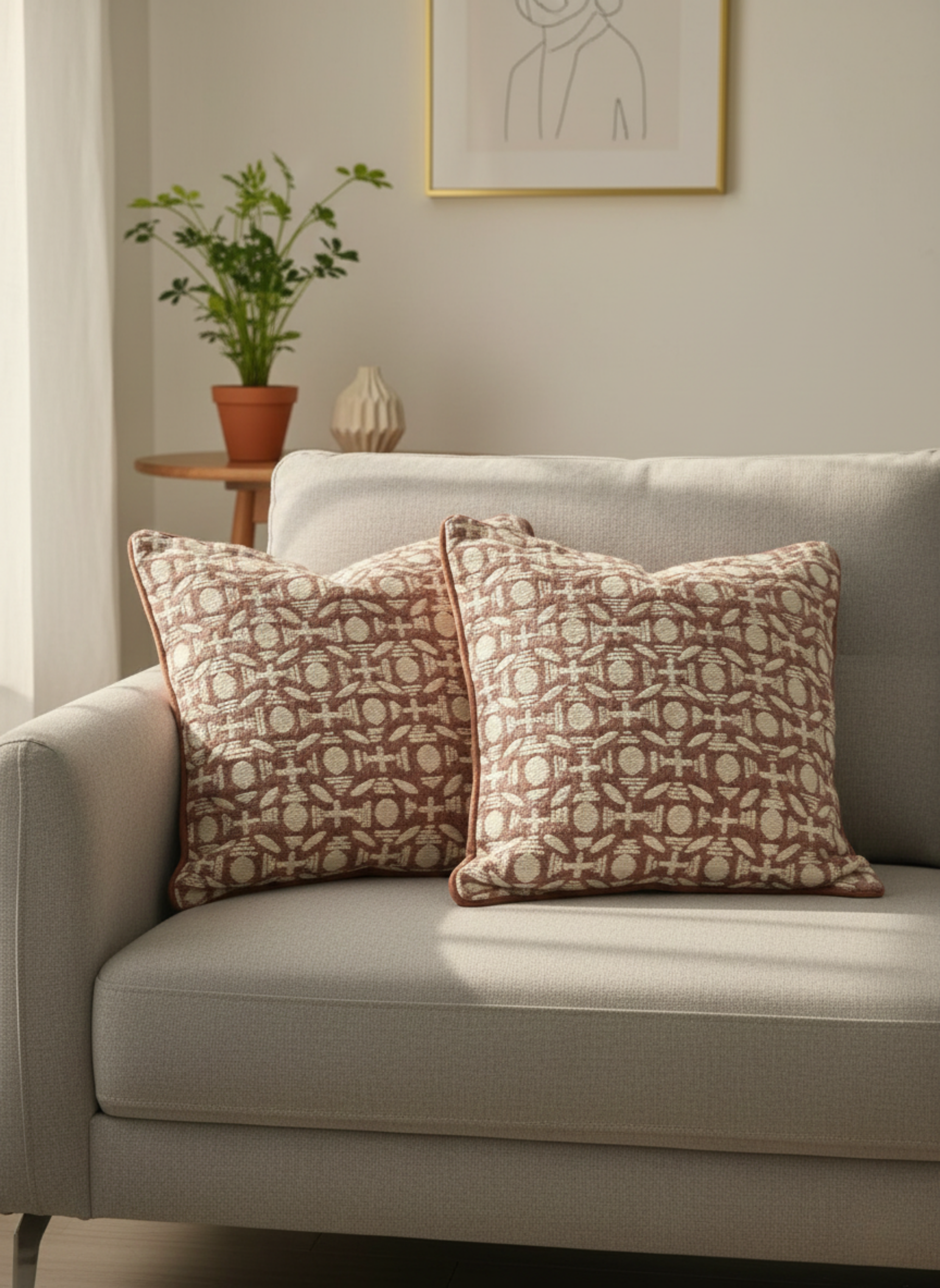 Terracotta & Cream Geometric Tile-Pattern Cotton Cushion Cover