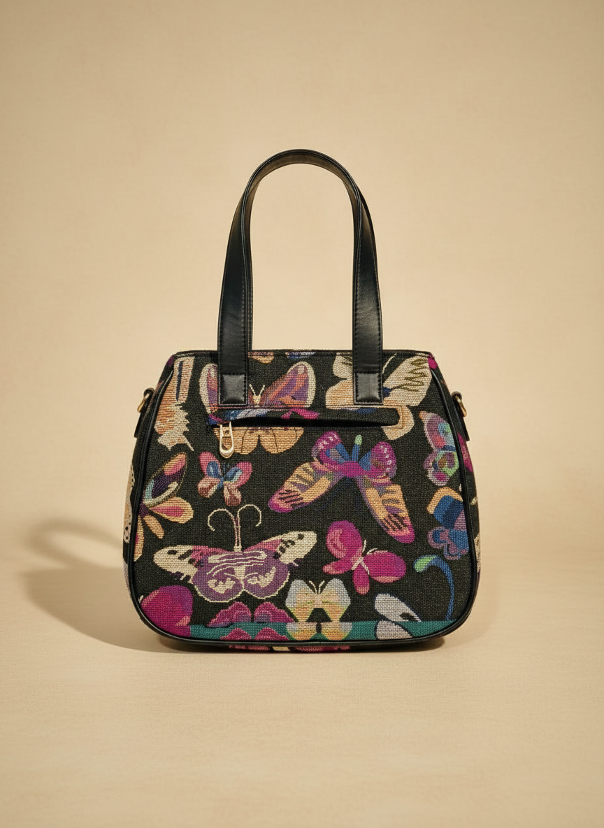 Black Butterfly Print Handbag