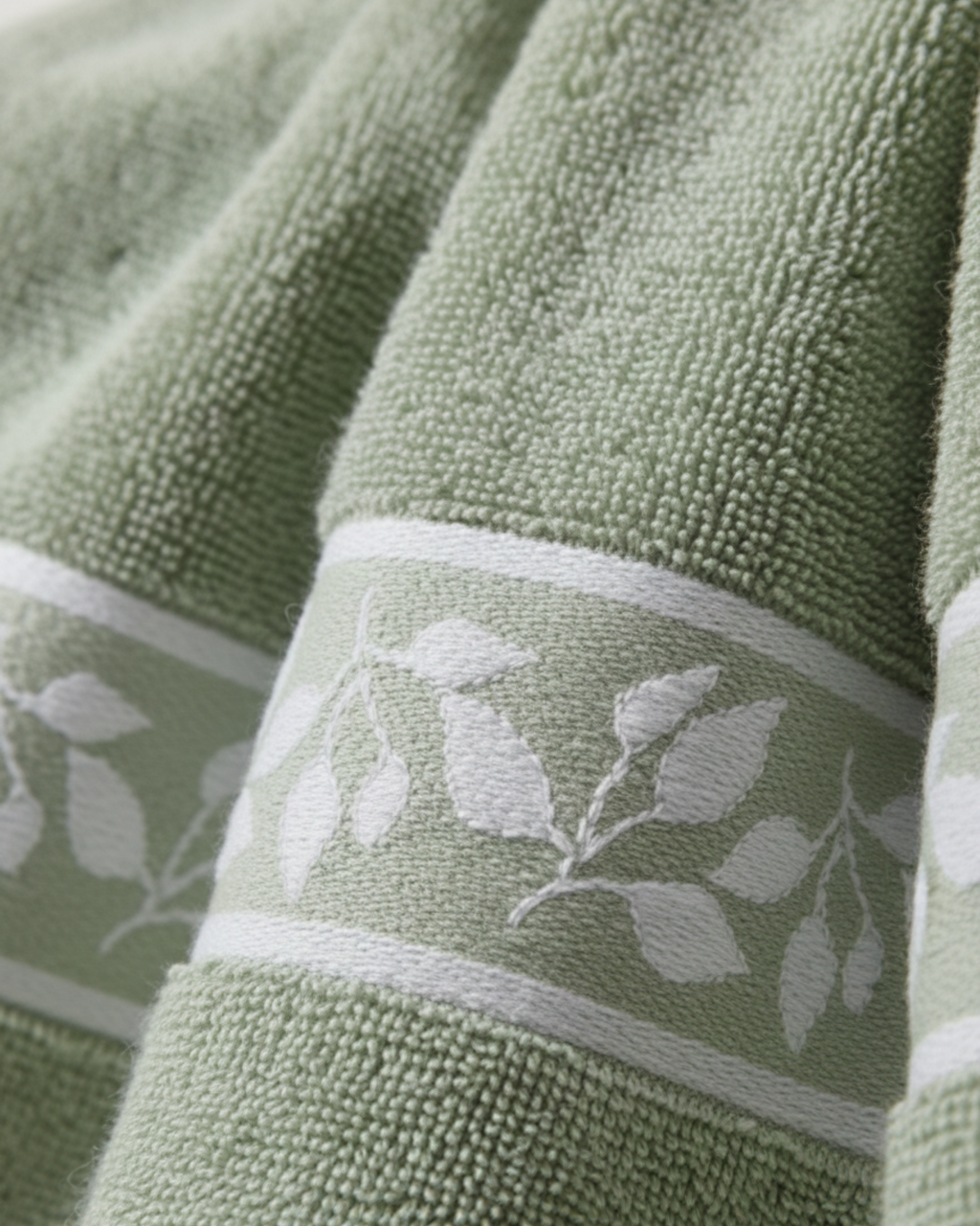 Premium Soft Cotton Hand & Bath Towel Set – Sage Green Leaf Design