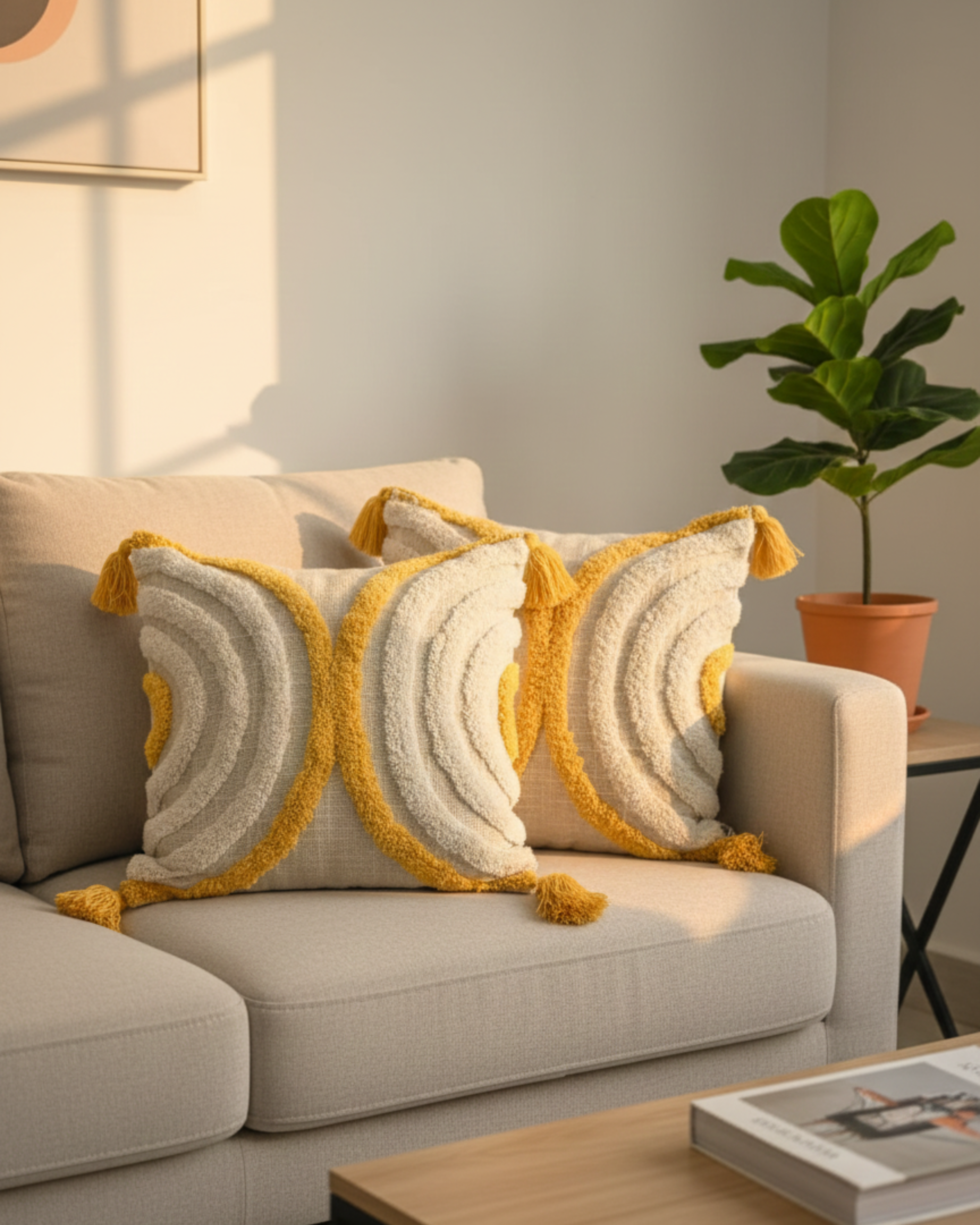Mustard & Ivory Embroidered Cotton Sofa Cushion Cover with Tassels