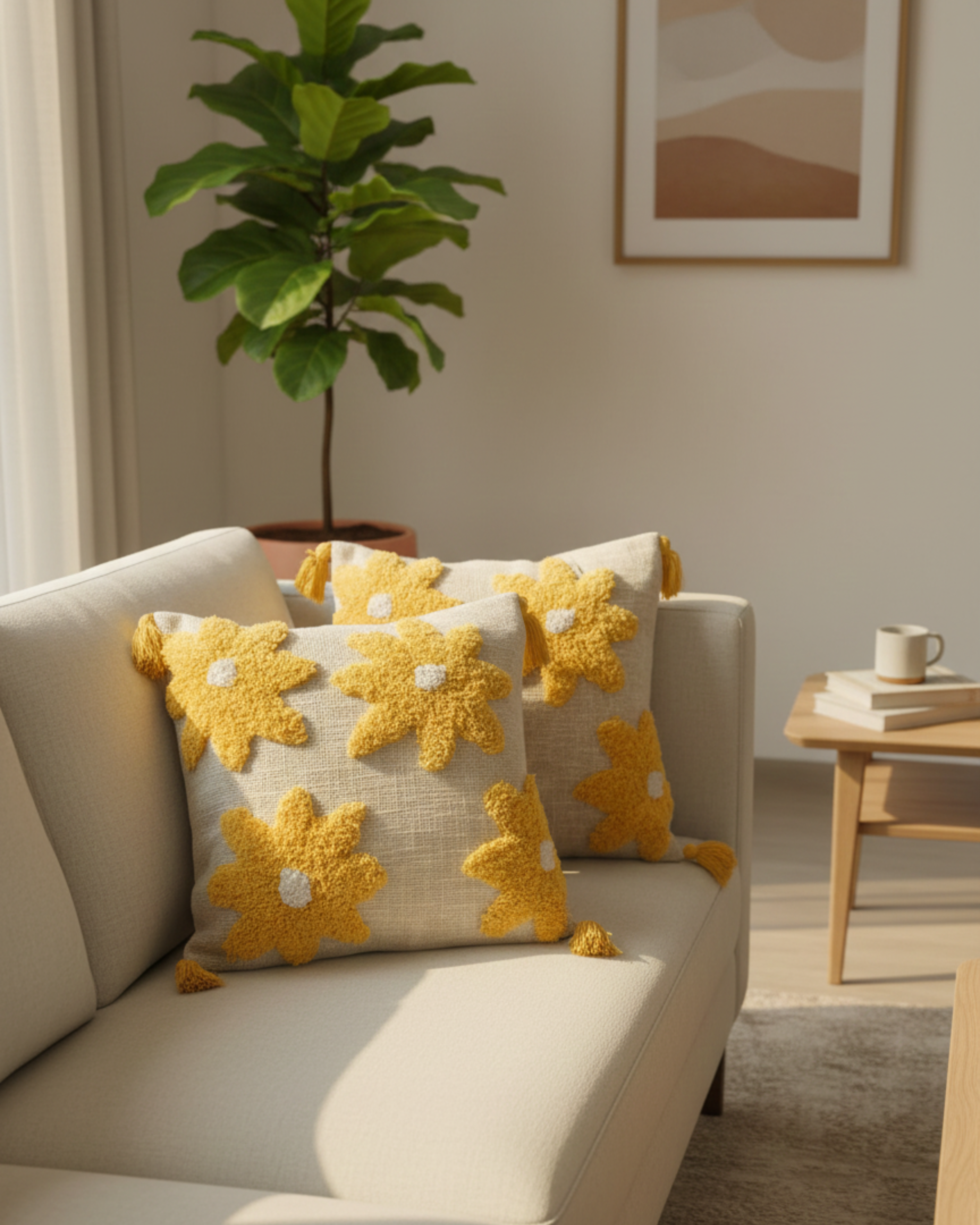 Mustard & Ivory Floral Cotton Embroidery Cushion Cover with Tassels