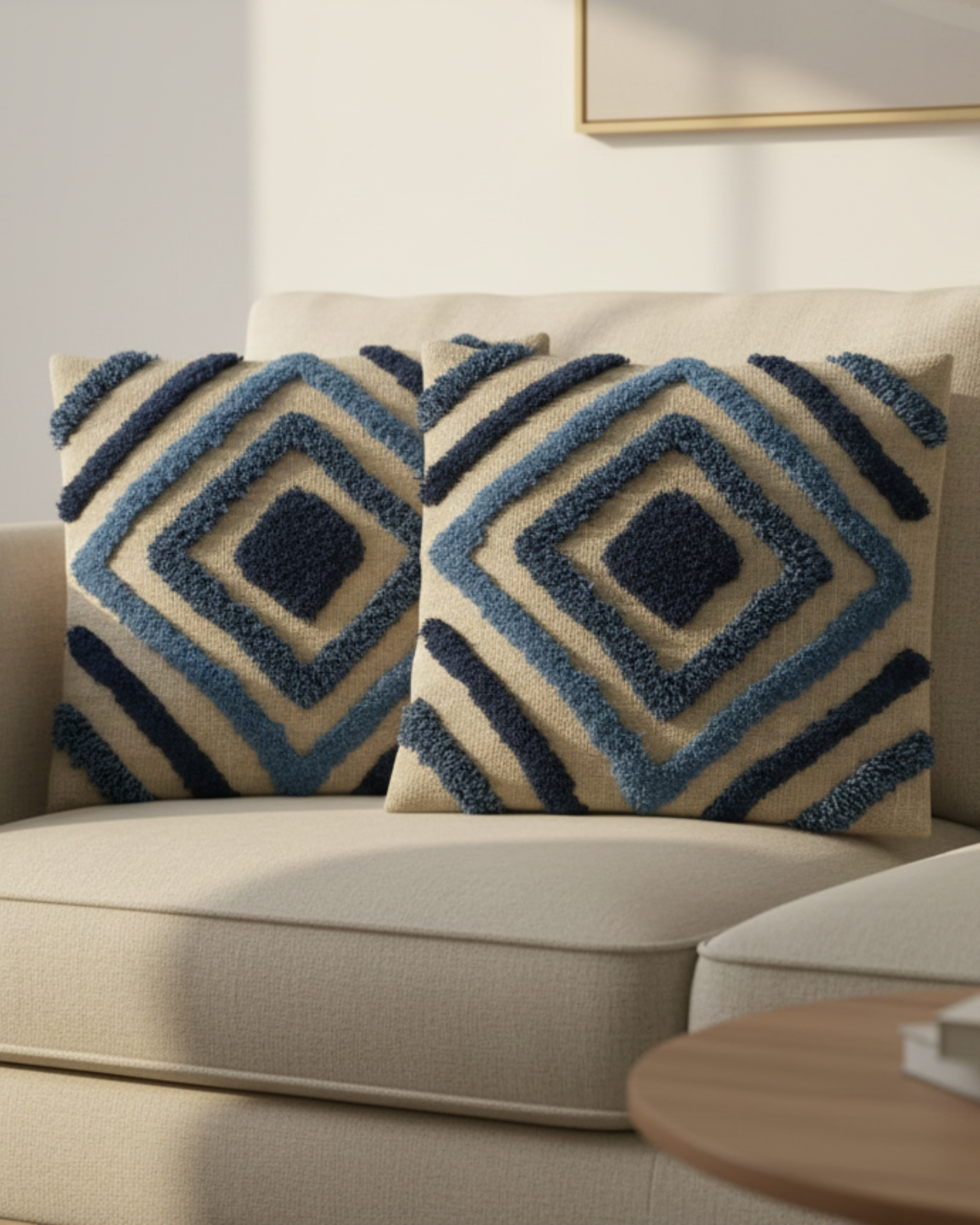 Blue & Ivory Geometric Embroidered Cotton Cushion Cover