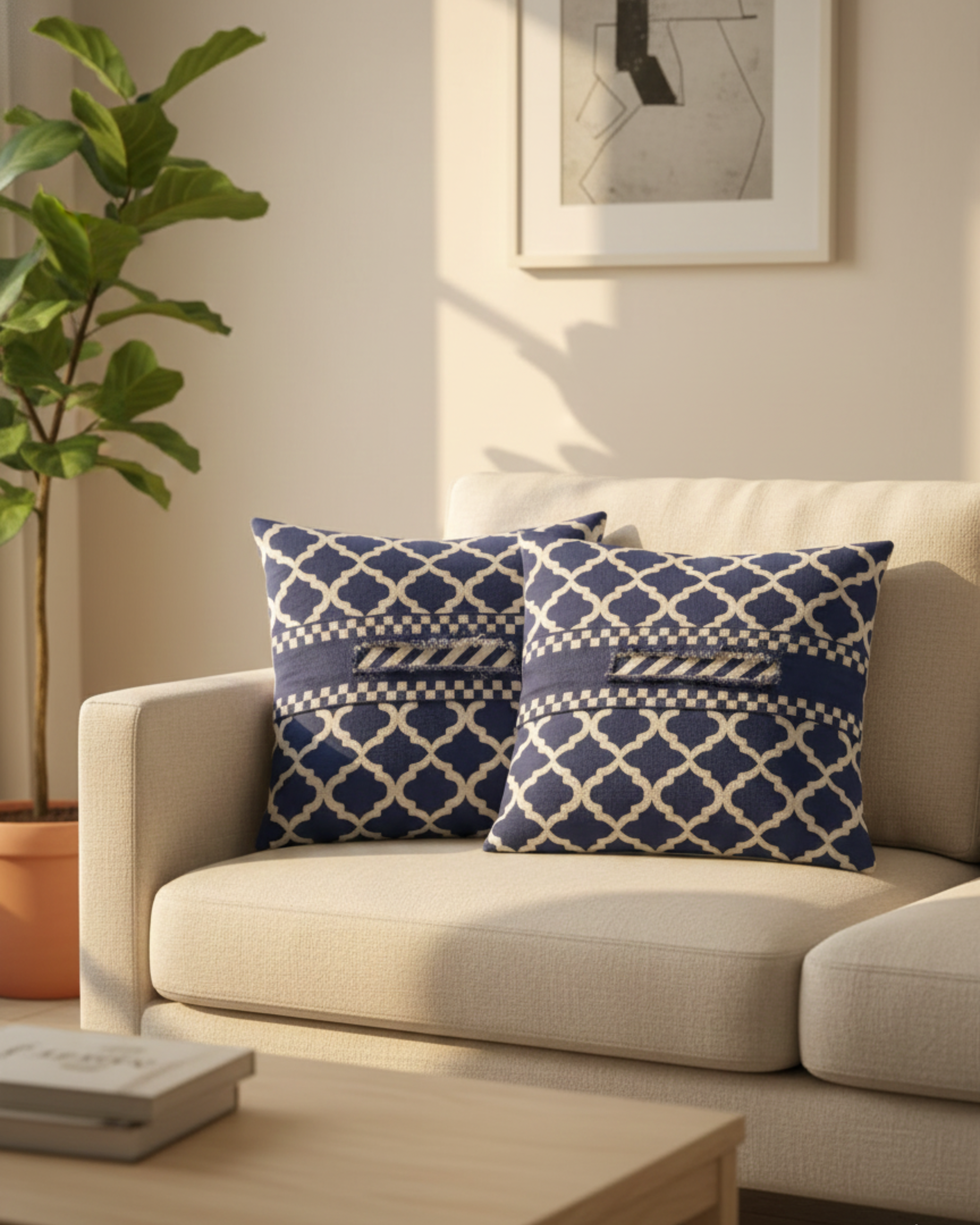 Navy Blue & Ivory Trellis Embroidered Cotton Cushion Cover
