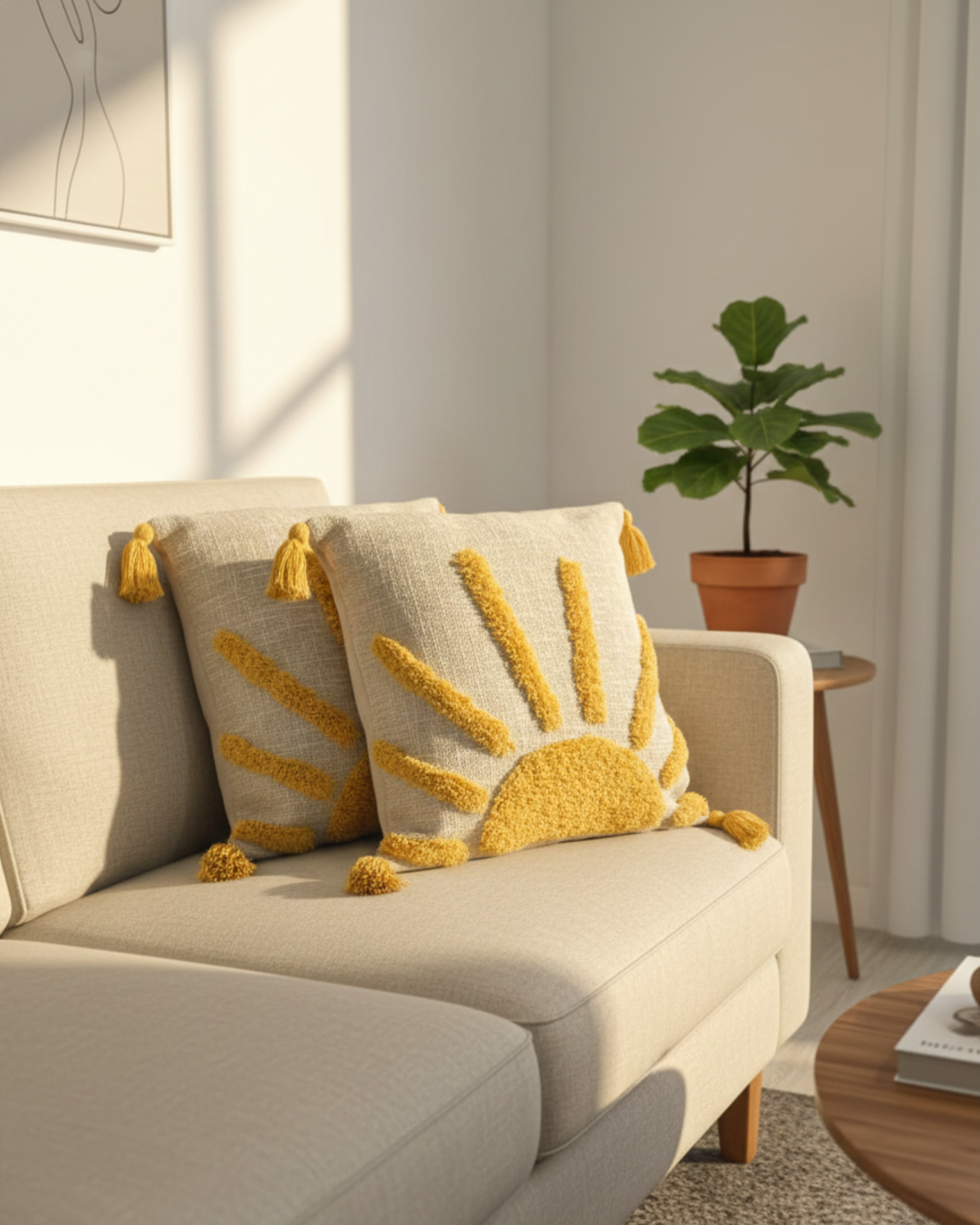 Mustard & Ivory Sunburst Embroidered Cotton Cushion Cover with Tassels