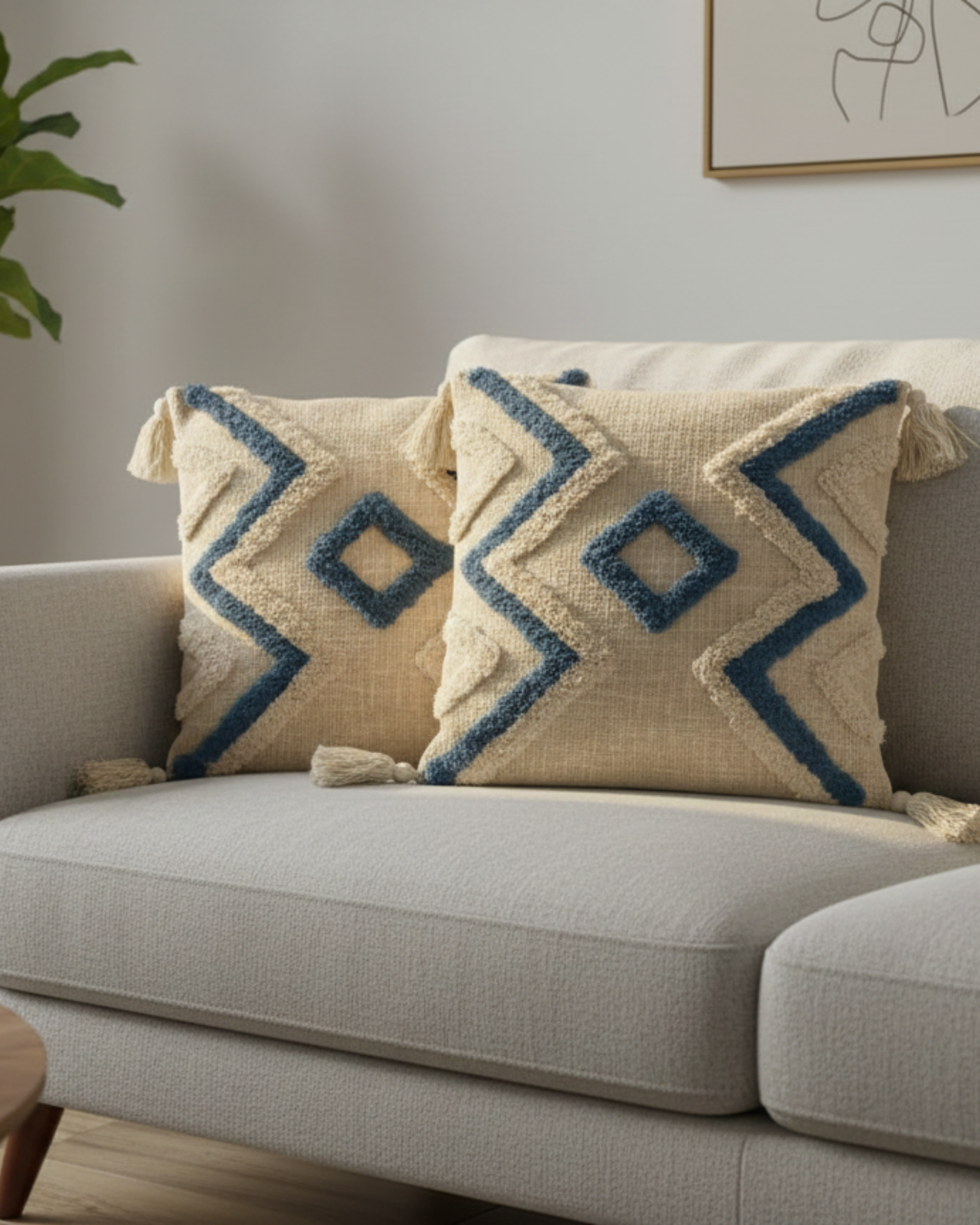 Ivory & Denim Blue Geometric Embroidered Cotton Cushion Cover with Tassels