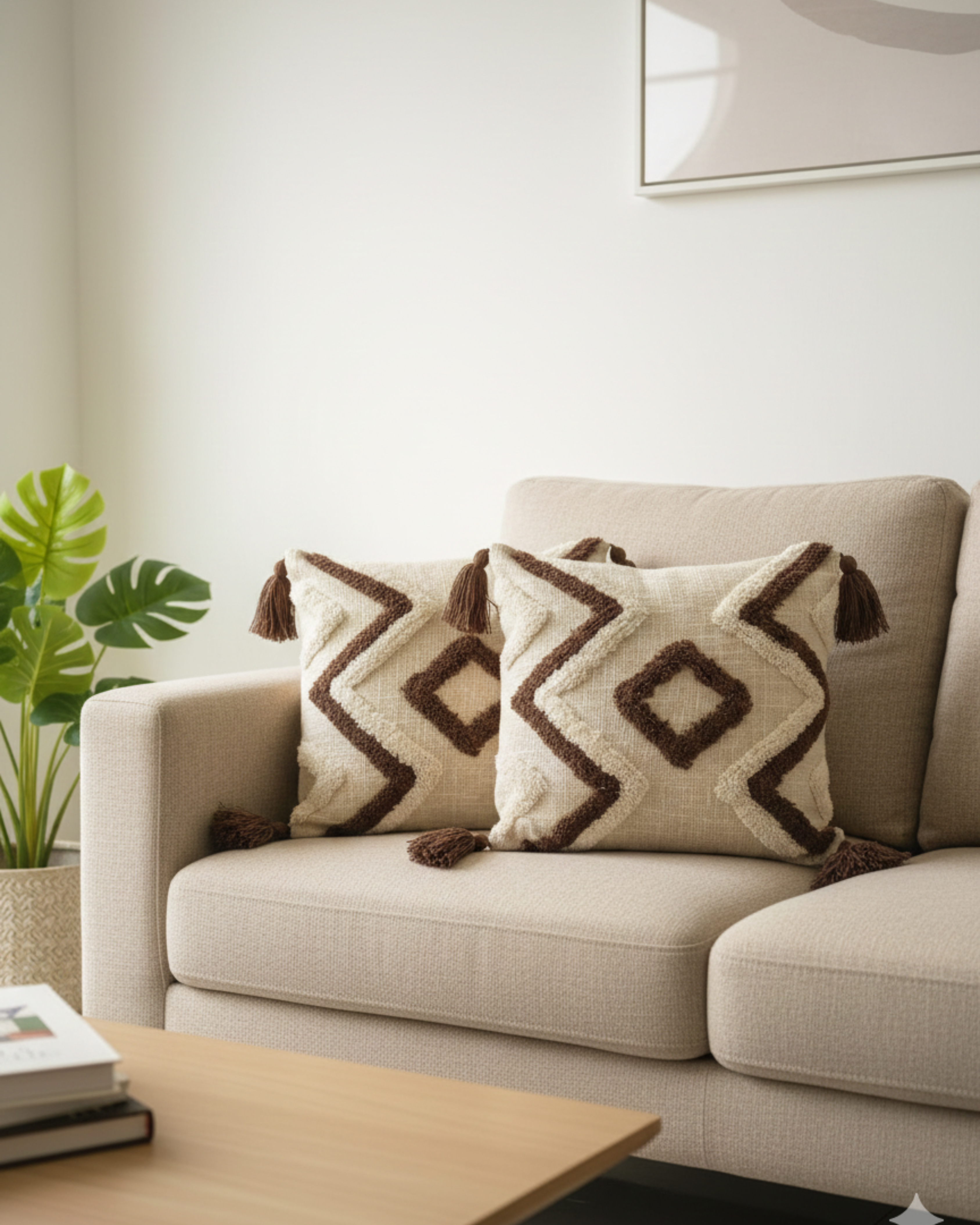Ivory & Brown Geometric Embroidered Cotton Cushion Cover with Tassels