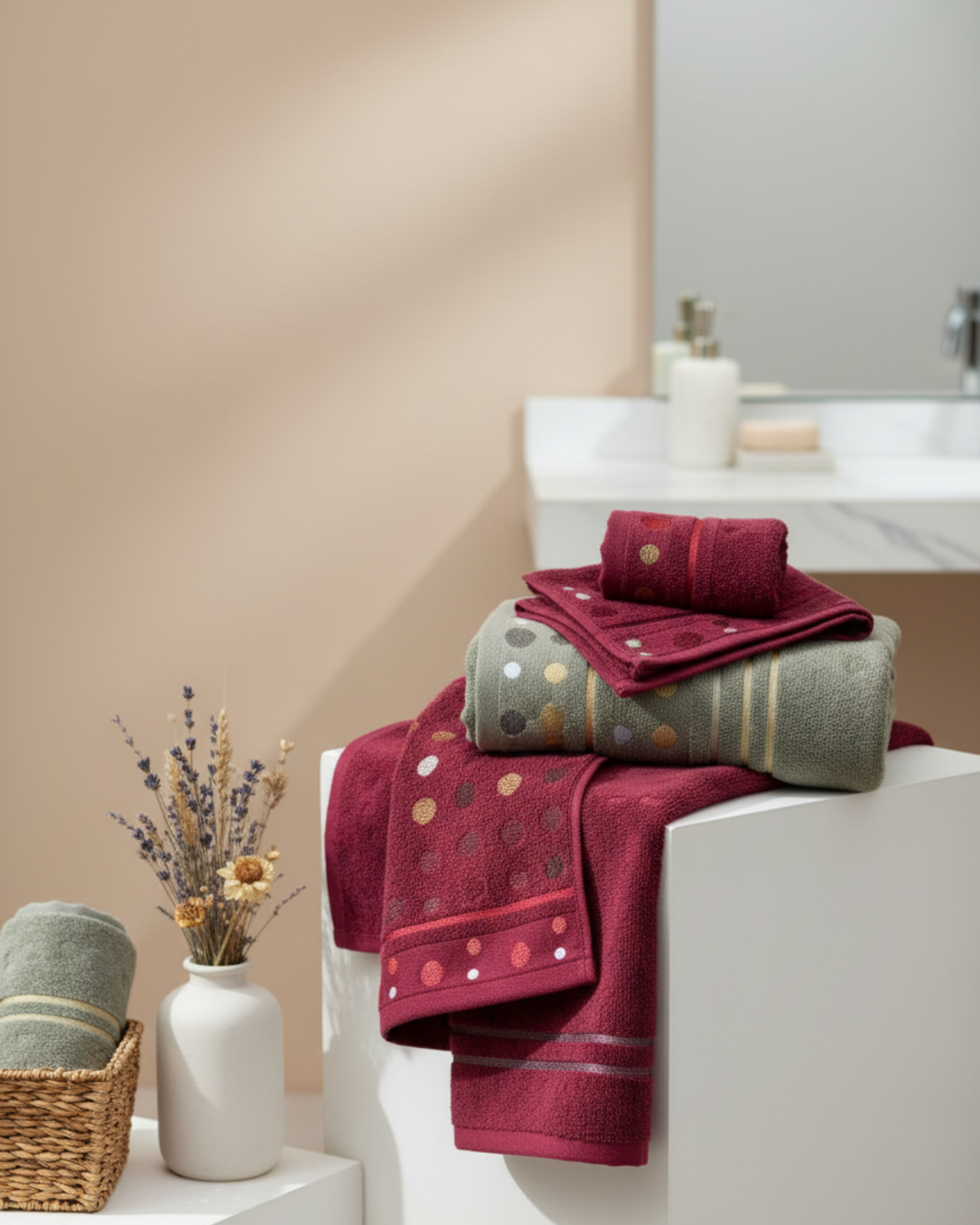 Premium Soft Cotton Hand & Bath Towel Set – Wine & Sage Green Dot Design