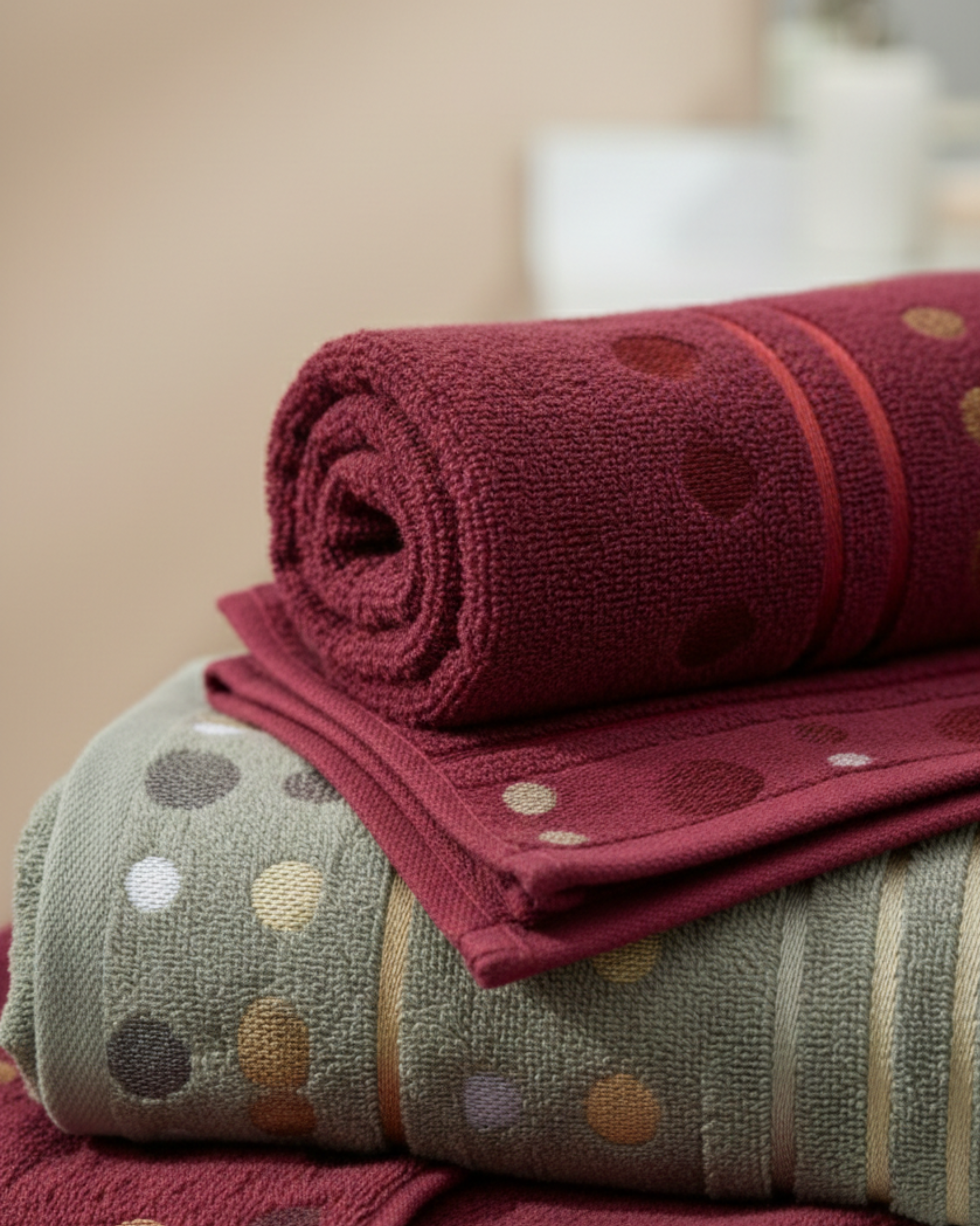 Premium Soft Cotton Hand & Bath Towel Set – Wine & Sage Green Dot Design