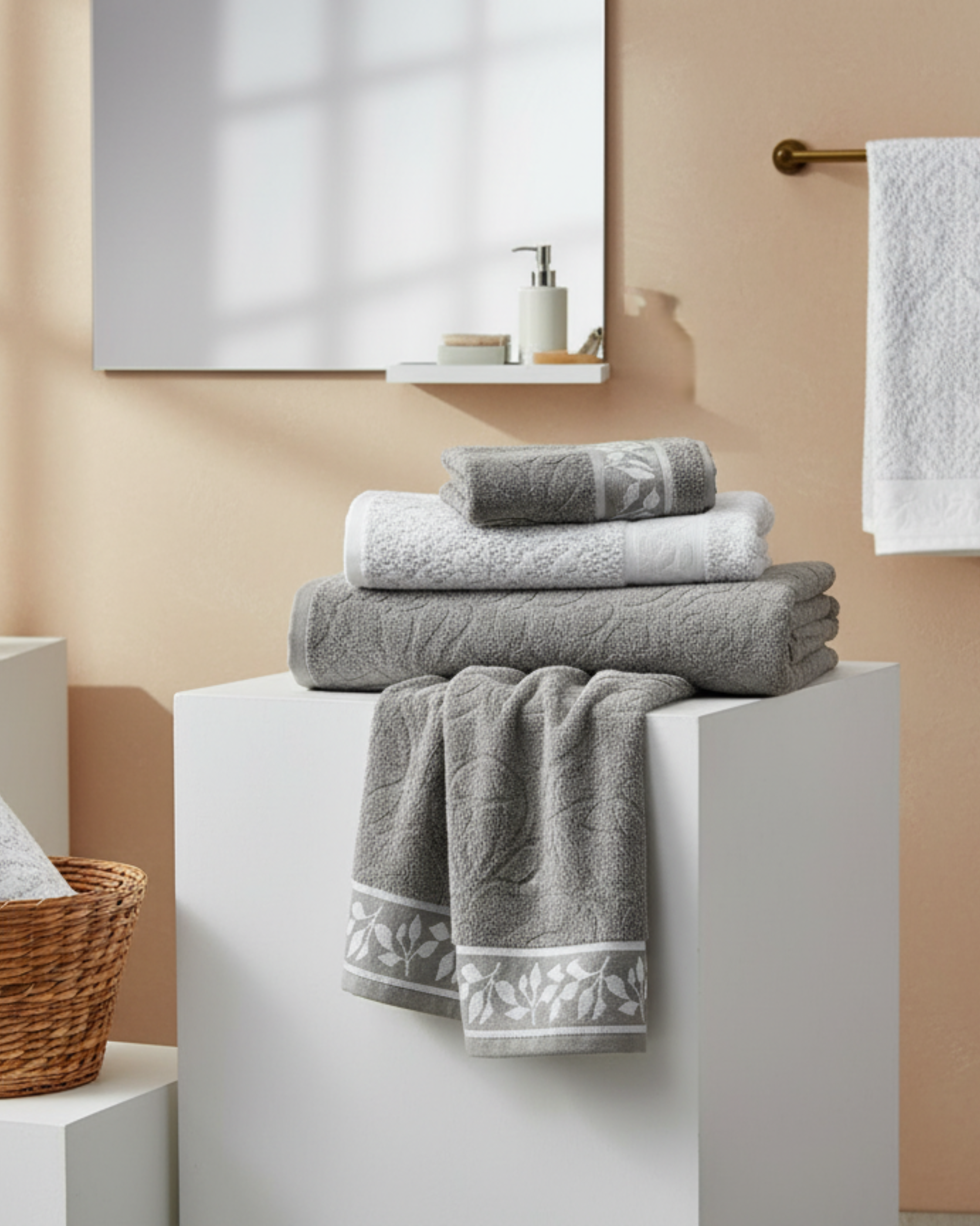 Premium Soft Cotton Hand & Bath Towel Set – Grey Leaf Design