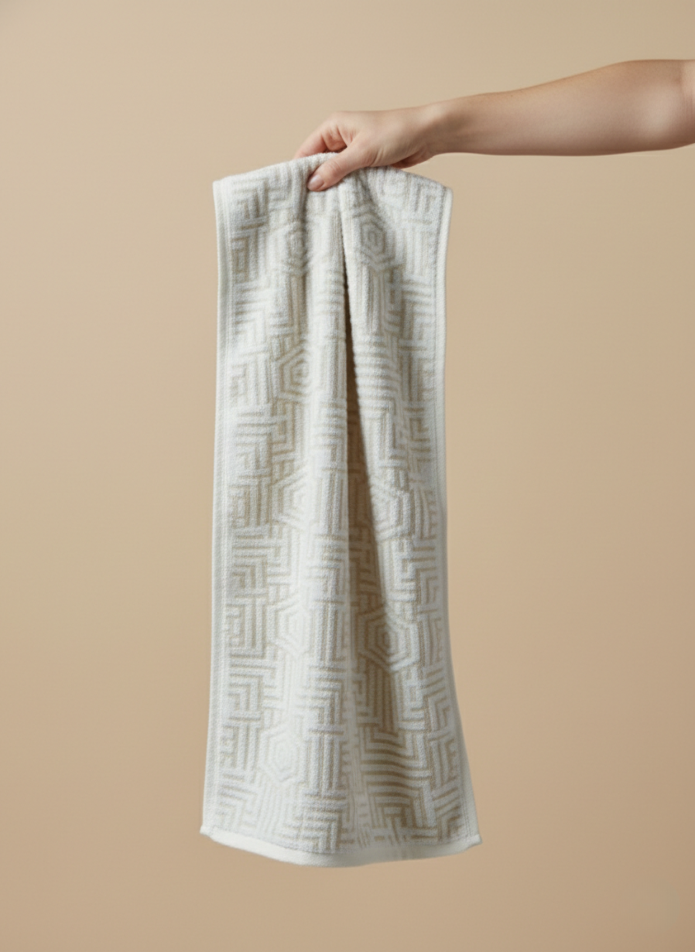 Premium Soft Cotton Hand & Bath Towel Set – Beige Geometric Design