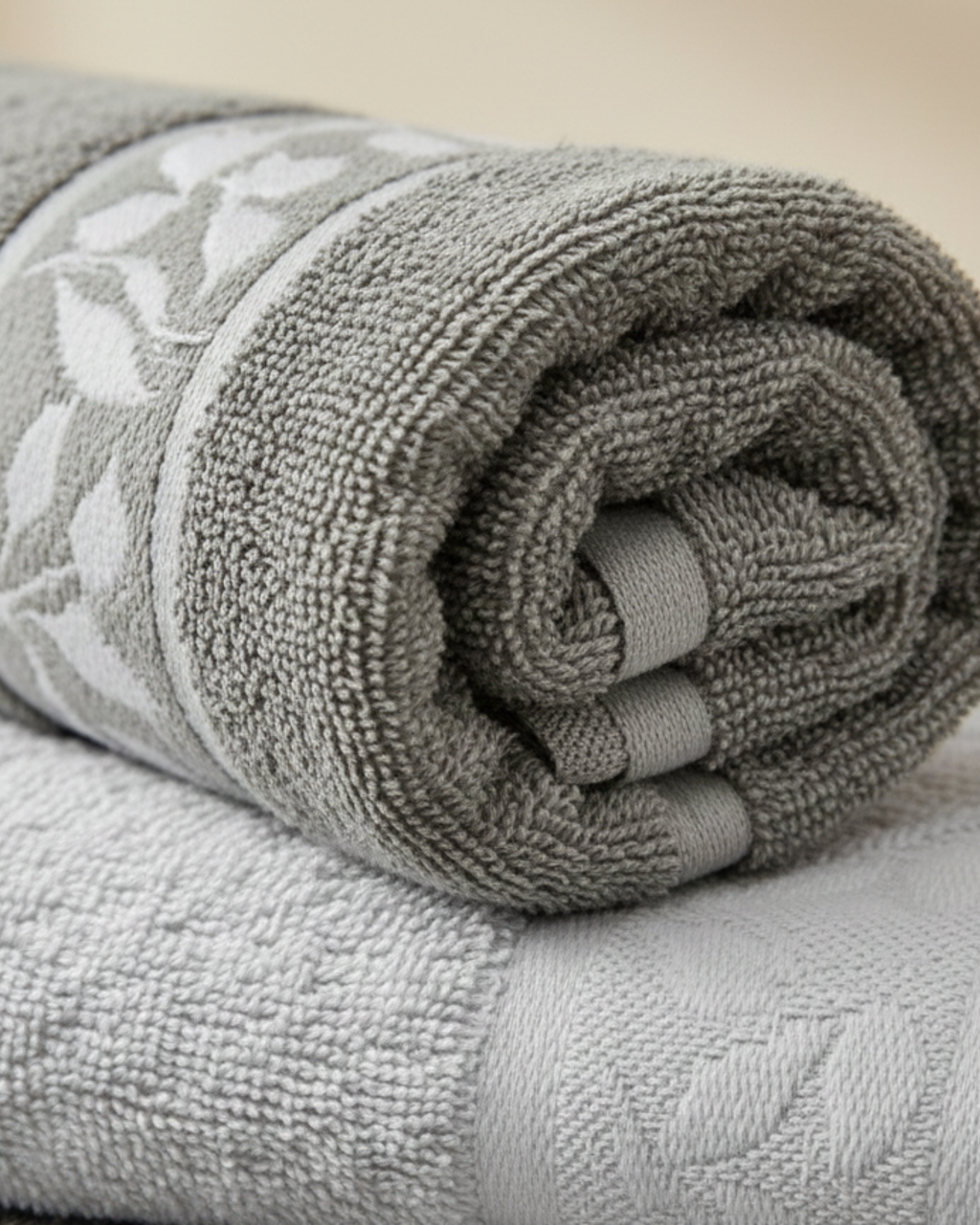 Premium Soft Cotton Hand & Bath Towel Set – Grey Leaf Design