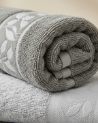 Premium Soft Cotton Hand & Bath Towel Set – Grey Leaf Design