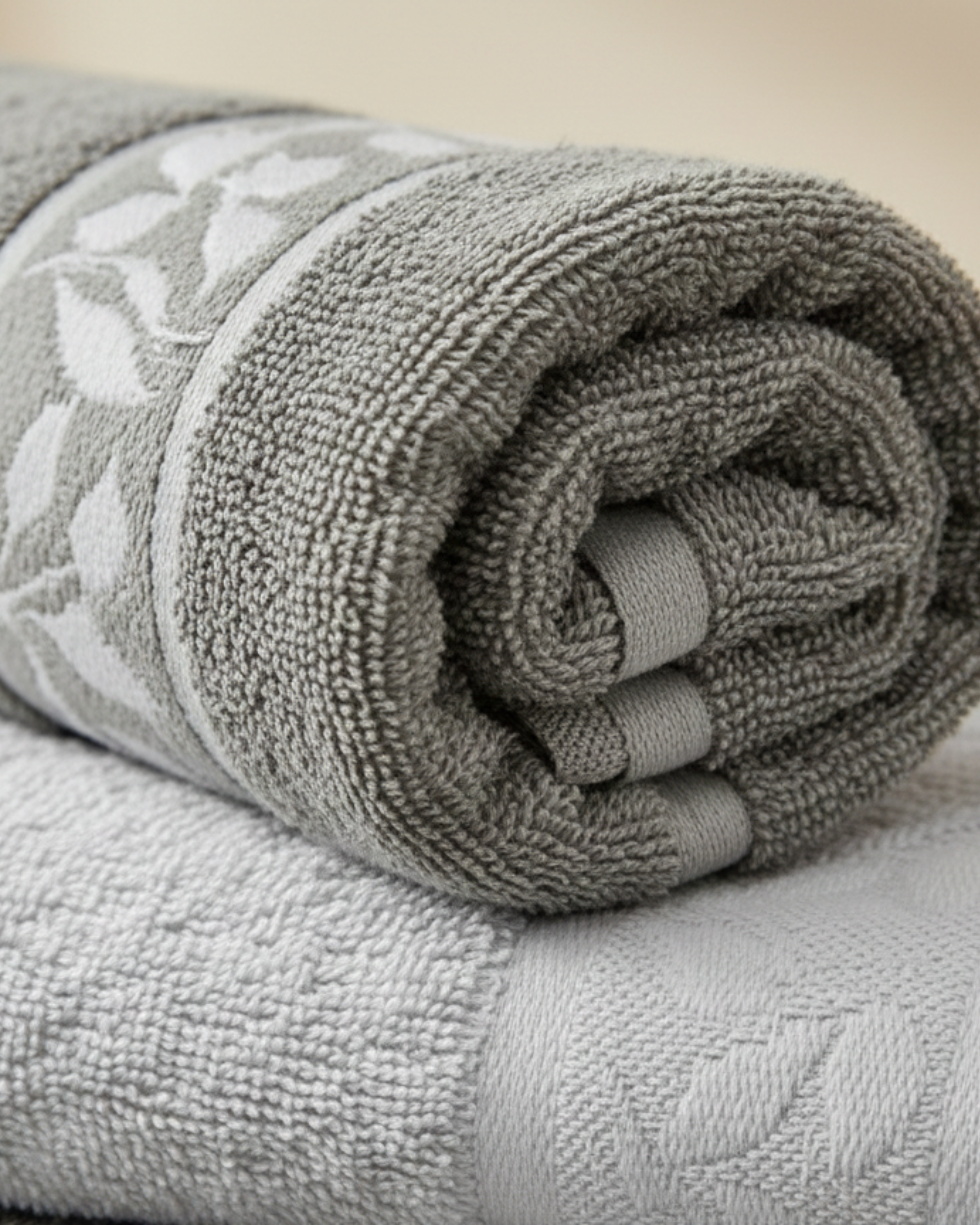 Premium Soft Cotton Hand & Bath Towel Set – Grey Leaf Design