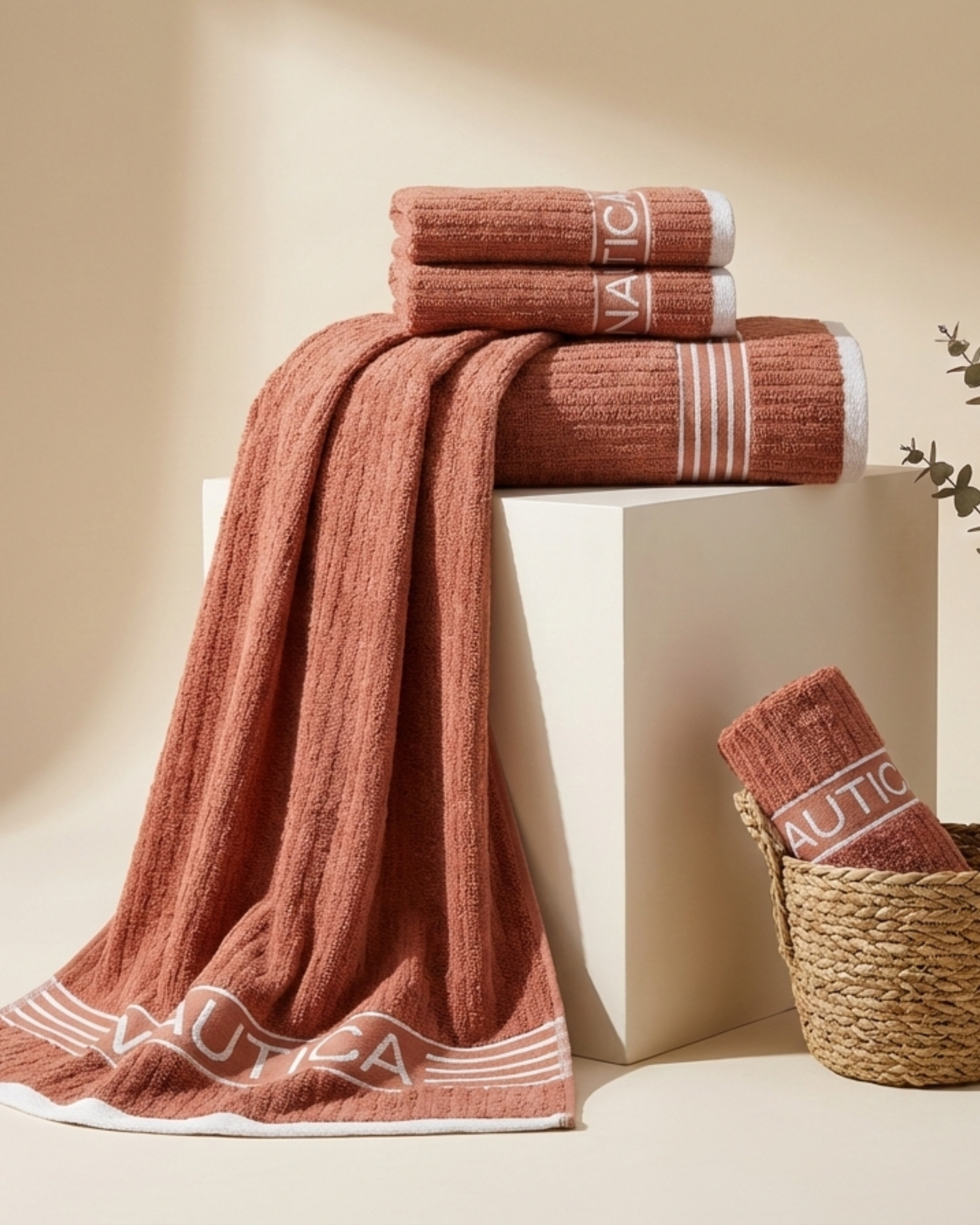 Premium Soft Cotton Hand & Bath Towel Set – Rust Brown Ribbed Design