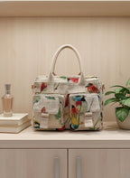Beige Multicolour Bird Print Handbag