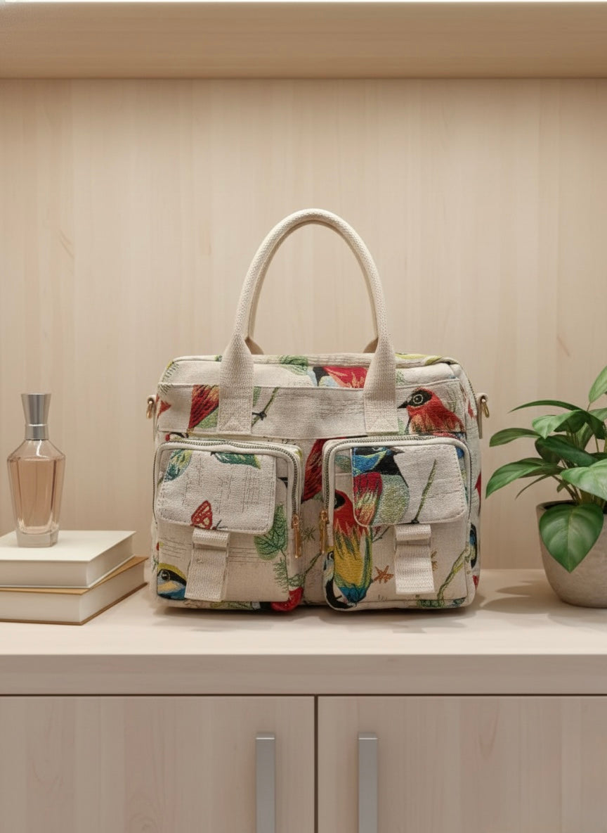 Beige Multicolour Bird Print Handbag